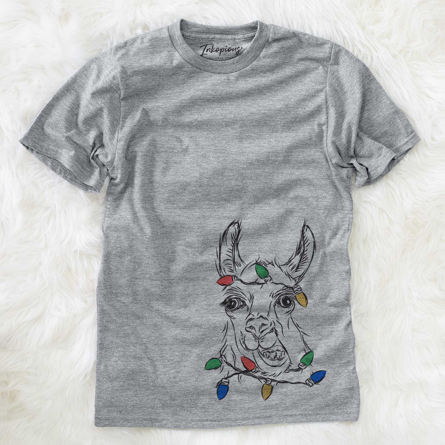 Hand-drawn sketch of Larry the Llama wrapped in Christmas lights on a Grey Unisex crewneck