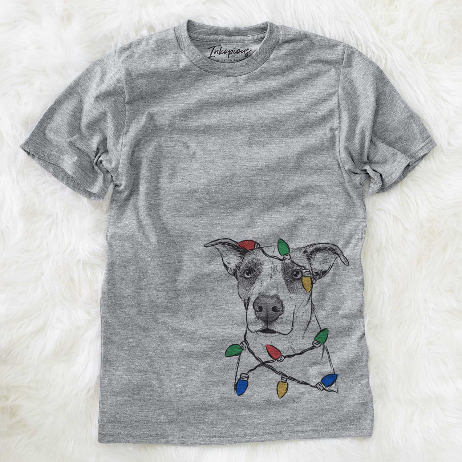 Hand-drawn sketch of Lily the Mixed Breed wrapped in Christmas lights on a Grey Unisex crewneck