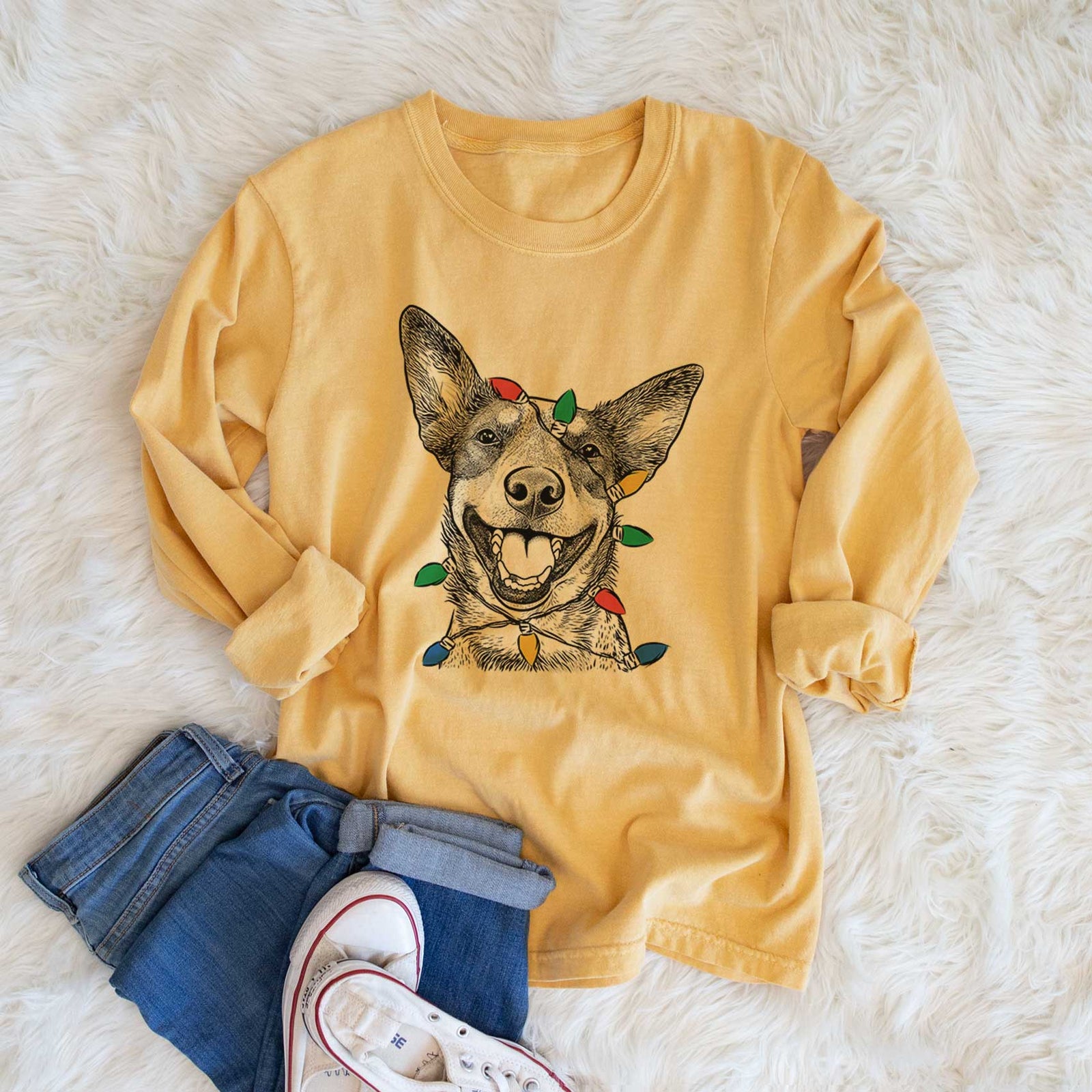 Christmas Lights Lily the Australian Cattle Dog - Heavyweight 100% Cotton Long Sleeve