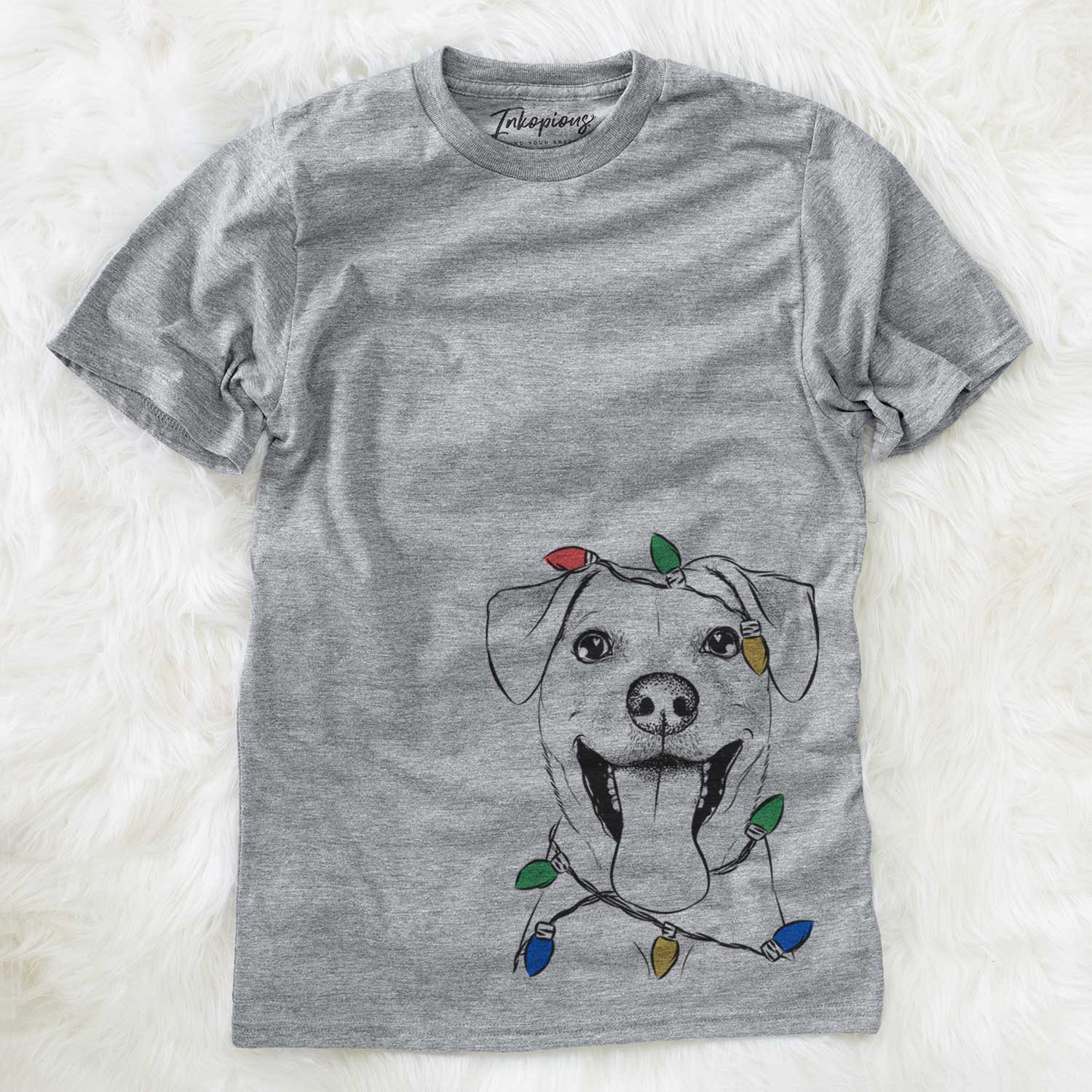Hand-drawn sketch of Lily Estelle the Mixed Breed wrapped in Christmas lights on a Grey Unisex crewneck