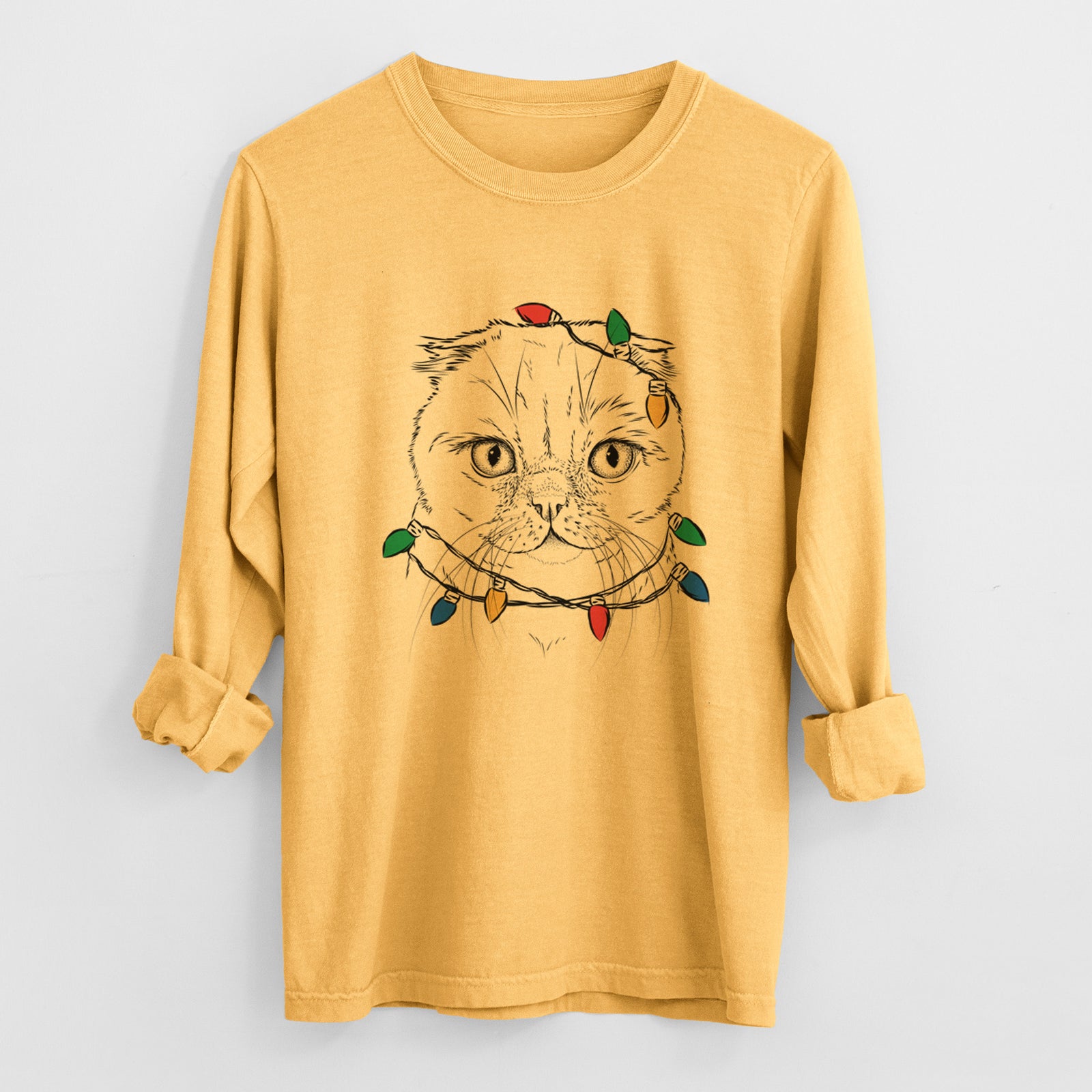 Christmas Lights Lina the Exotic Fold Cat - Heavyweight 100% Cotton Long Sleeve