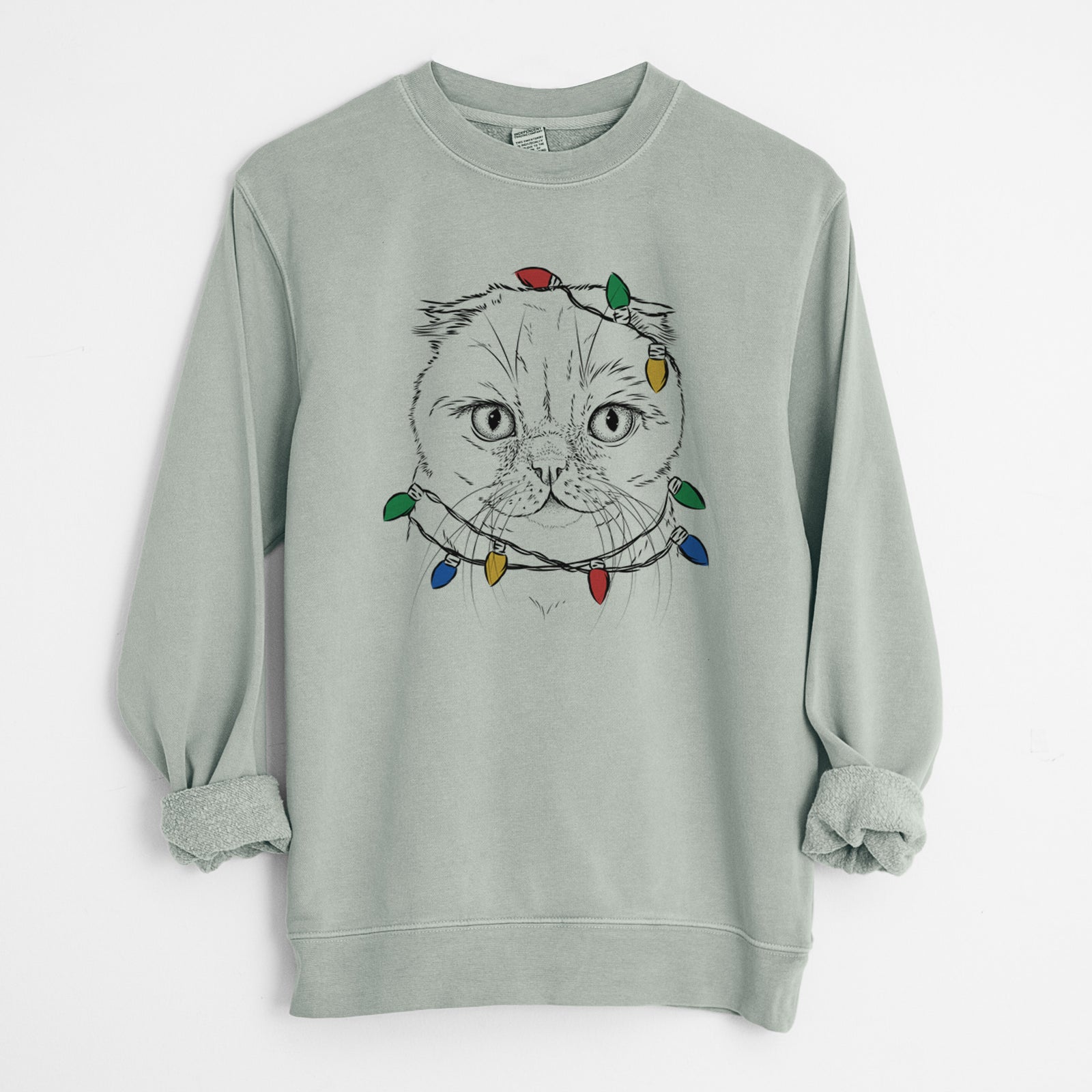 Christmas Lights Lina the Exotic Fold Cat - Unisex Pigment Dyed Crew Sweatshirt