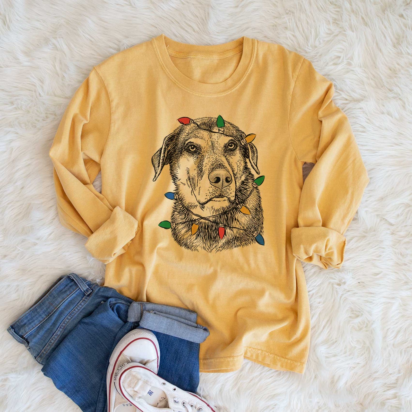 Christmas Lights Lobo the Shepherd Mix - Heavyweight 100% Cotton Long Sleeve