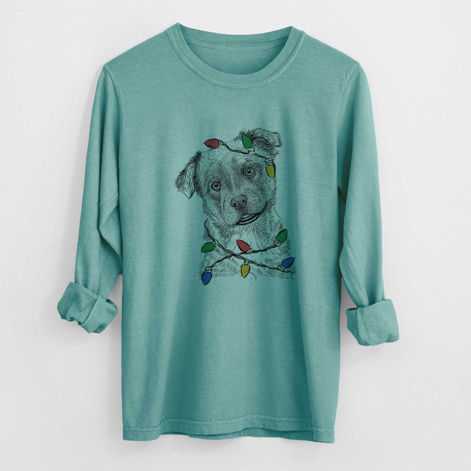 Christmas Lights Loki Bear the Australian Cattle Dog Mix - Heavyweight 100% Cotton Long Sleeve