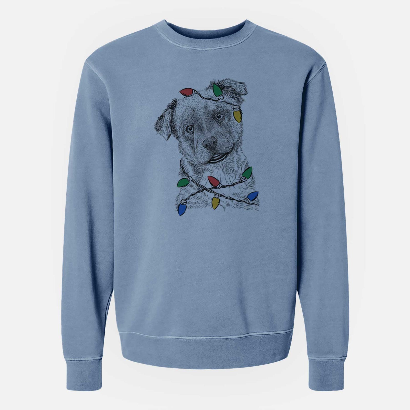 Christmas Lights Loki Bear the Australian Cattle Dog Mix - Unisex Pigment Dyed Crew Sweatshirt