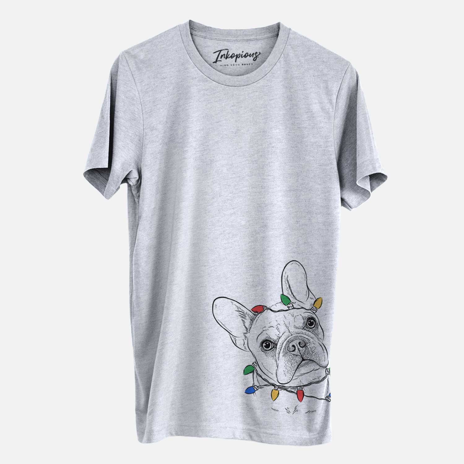 Hand-drawn sketch of Loki the French Bulldog wrapped in Christmas lights on a Grey Unisex crewneck