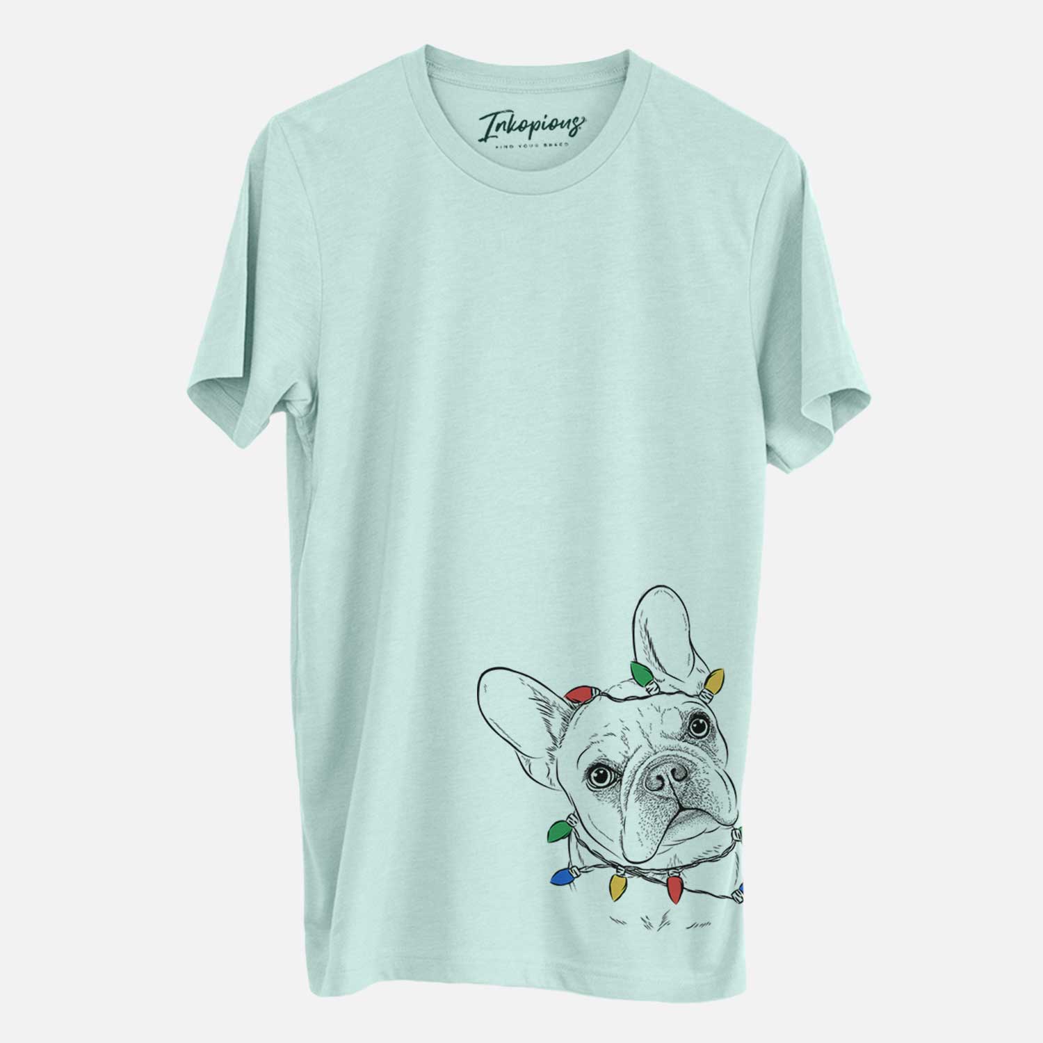 Hand-drawn sketch of Loki the French Bulldog wrapped in Christmas lights on a Heather Sage Unisex crewneck