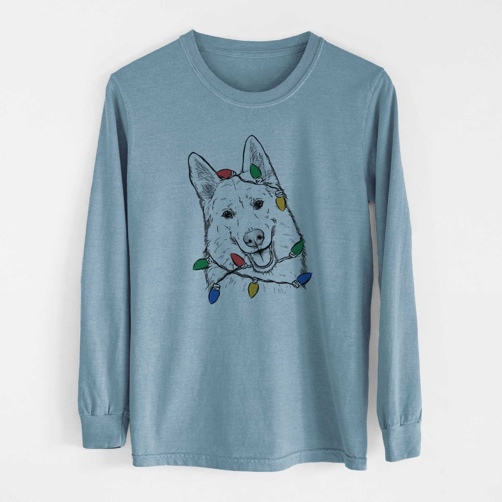 Christmas Lights Loki the Husky Shepherd Mix - Heavyweight 100% Cotton Long Sleeve