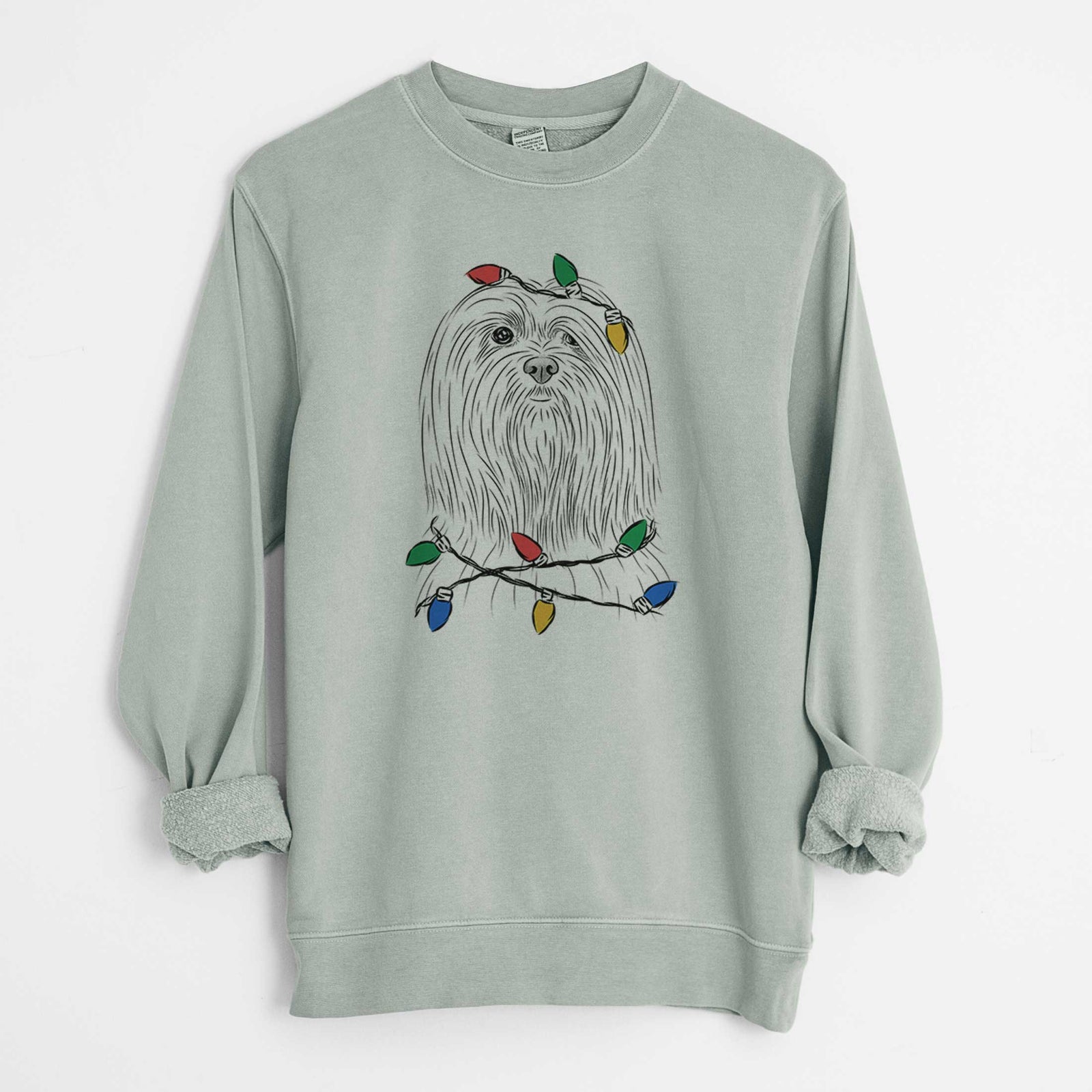 Christmas Lights Lorenzo the Lhasa Apso - Unisex Pigment Dyed Crew Sweatshirt