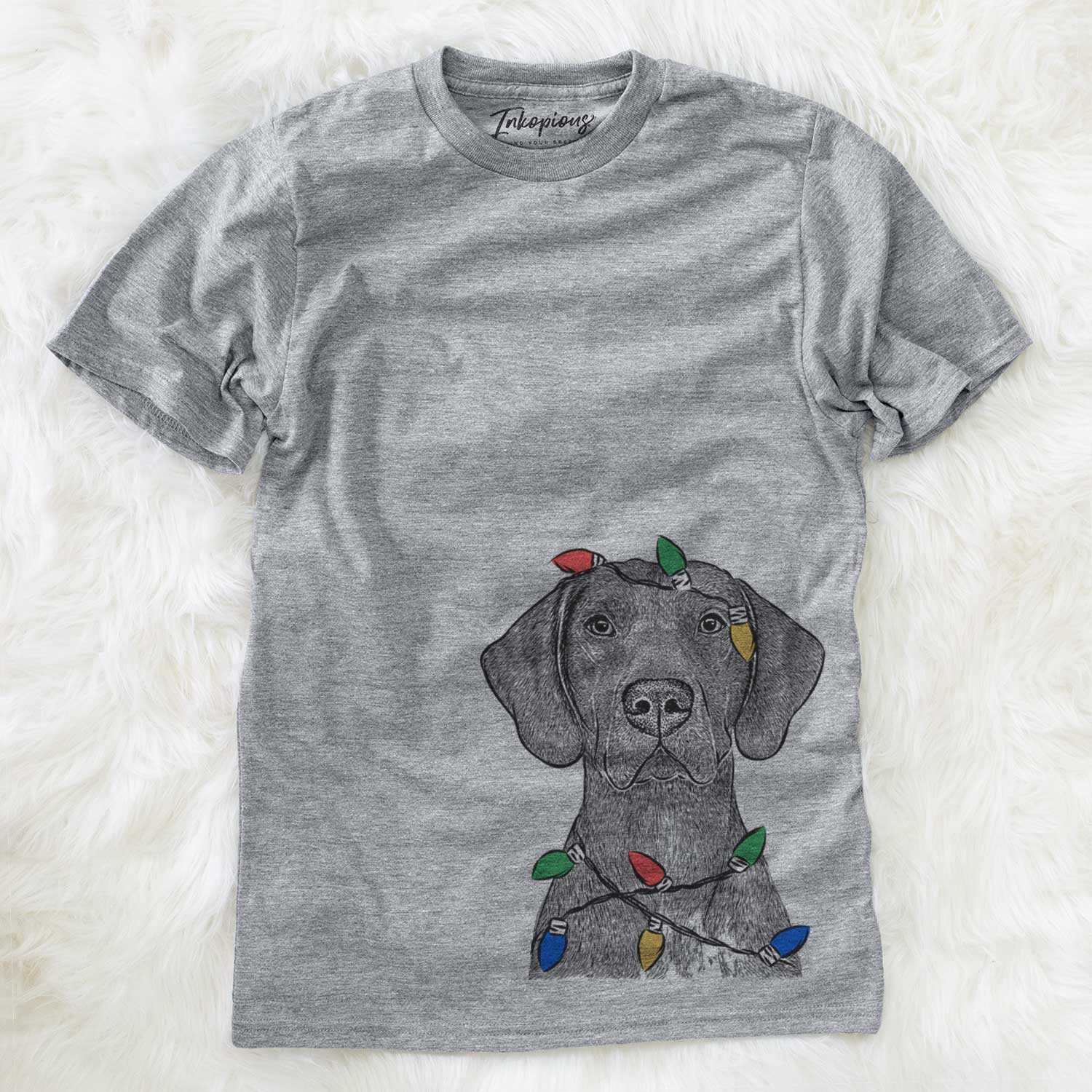 Hand-drawn sketch of Lucifer the German Shorthaired Pointer wrapped in Christmas lights on a Grey Unisex crewneck