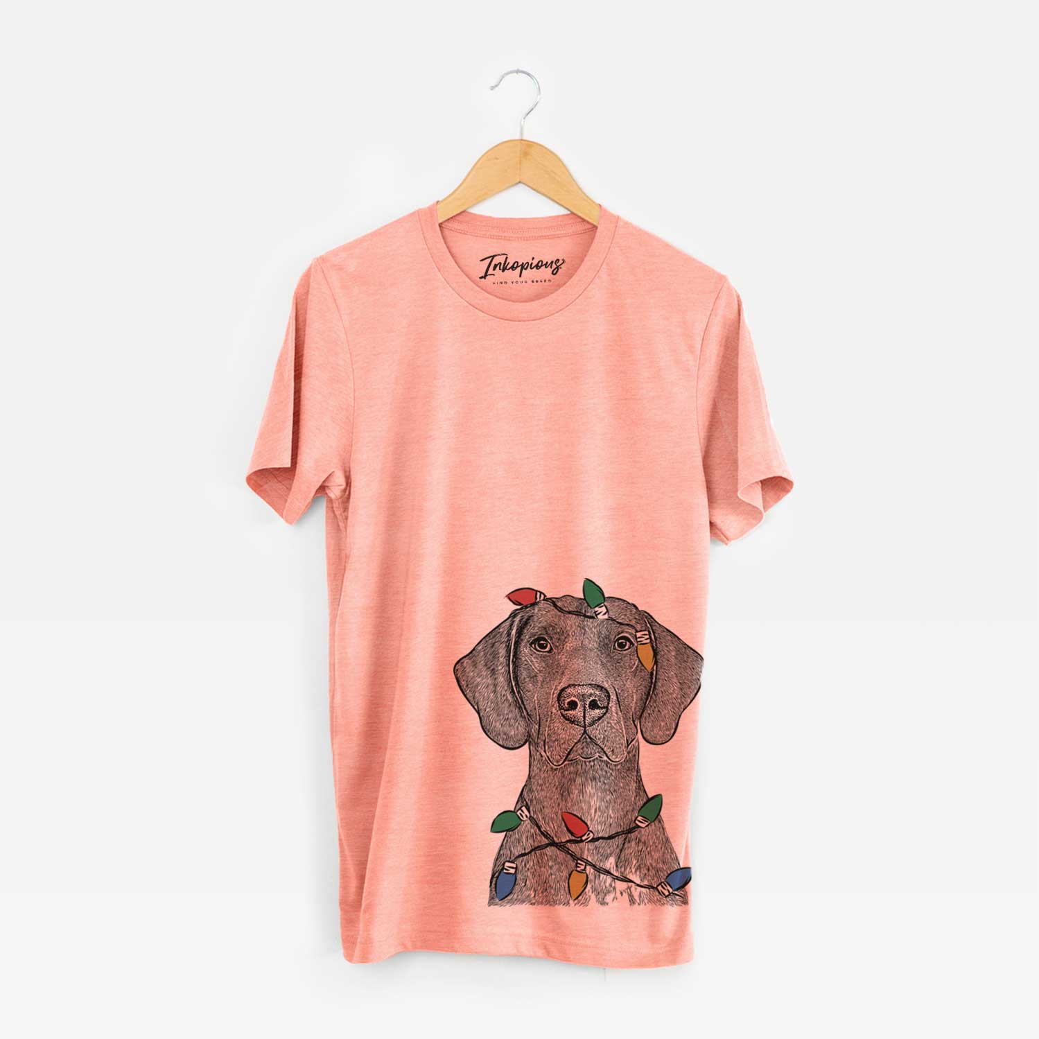 Hand-drawn sketch of Lucifer the German Shorthaired Pointer wrapped in Christmas lights on a Sunset Unisex crewneck