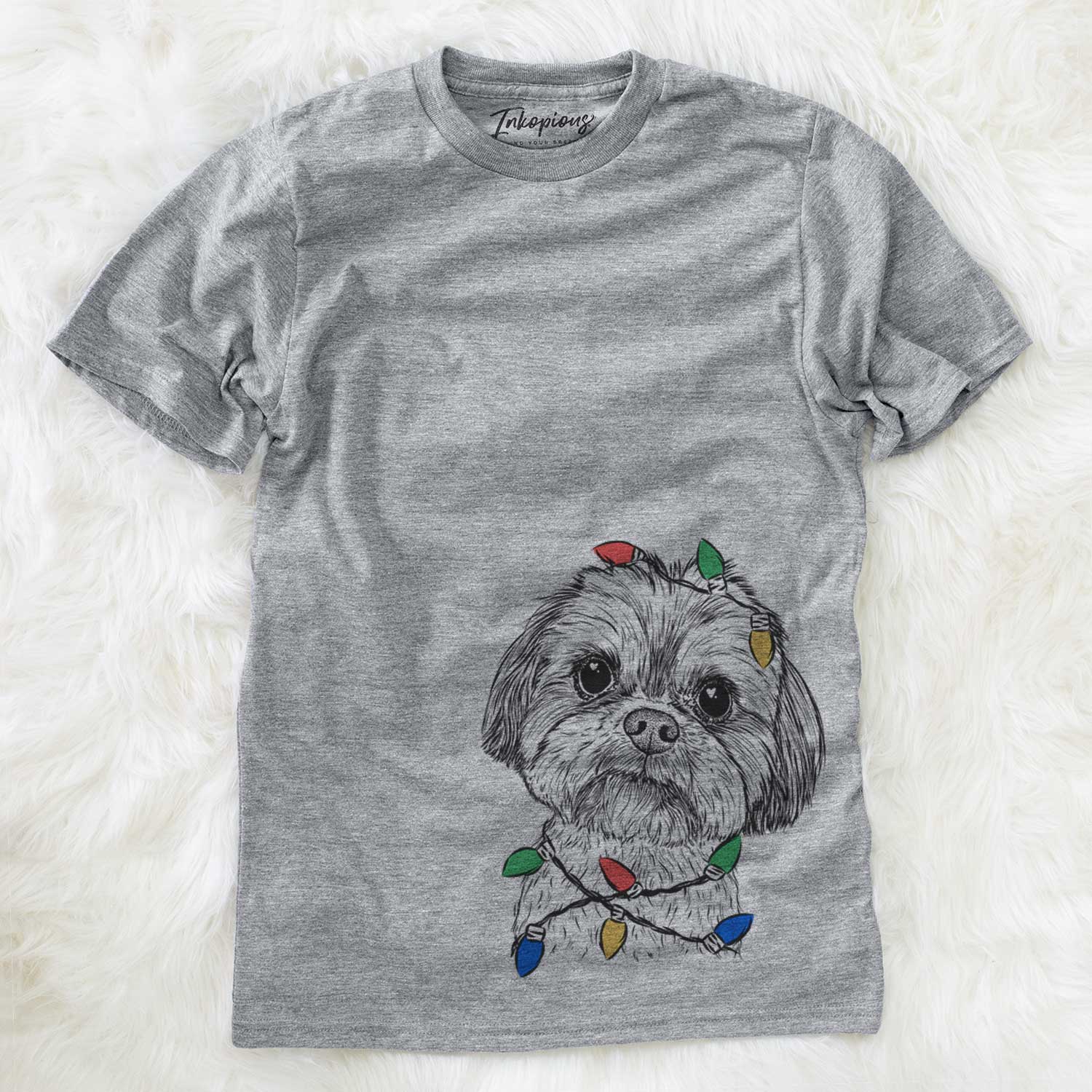 Hand-drawn sketch of Lucy the Shorkie wrapped in Christmas lights on a Grey Unisex crewneck