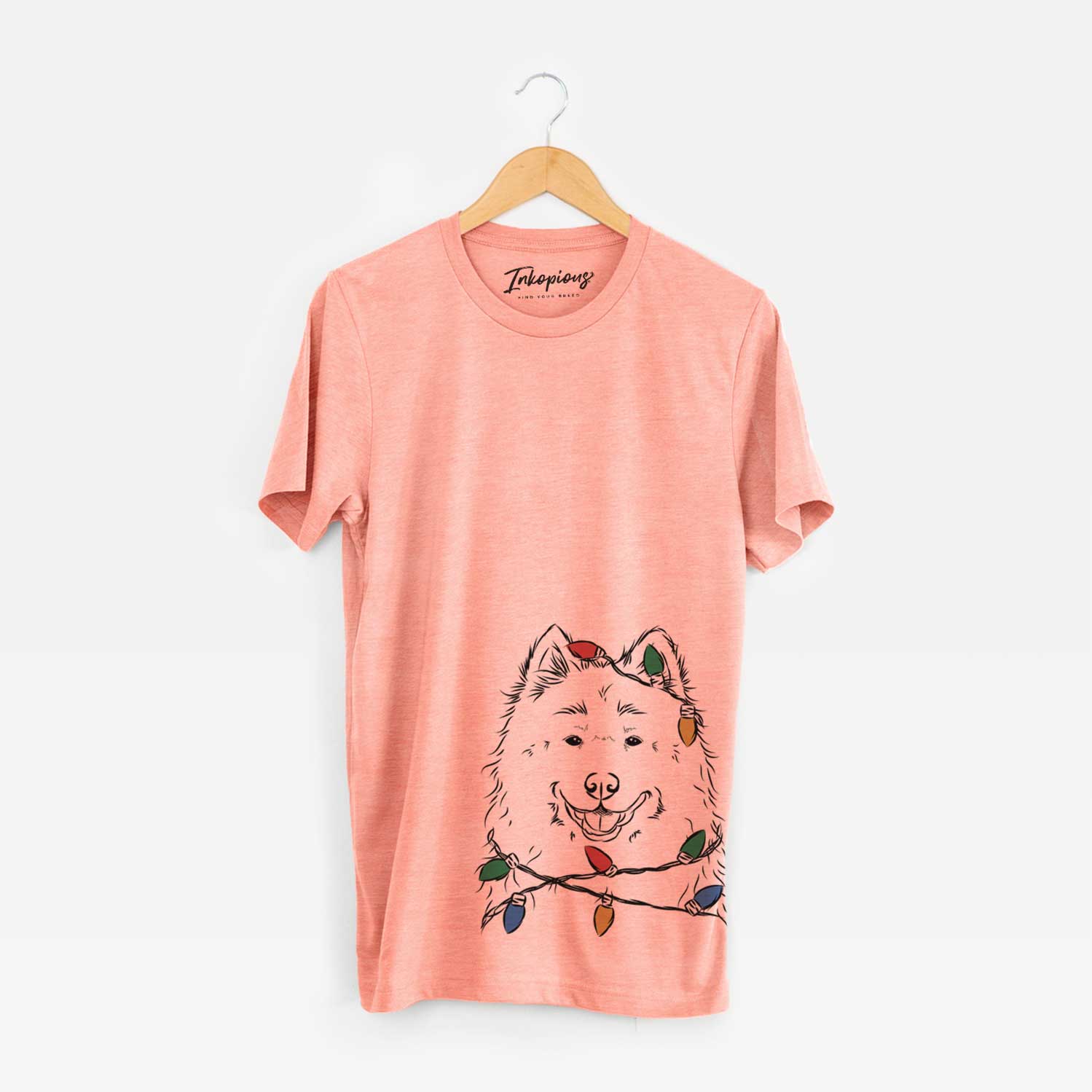 Hand-drawn sketch of Luka the Samoyed wrapped in Christmas lights on a Sunset Unisex crewneck