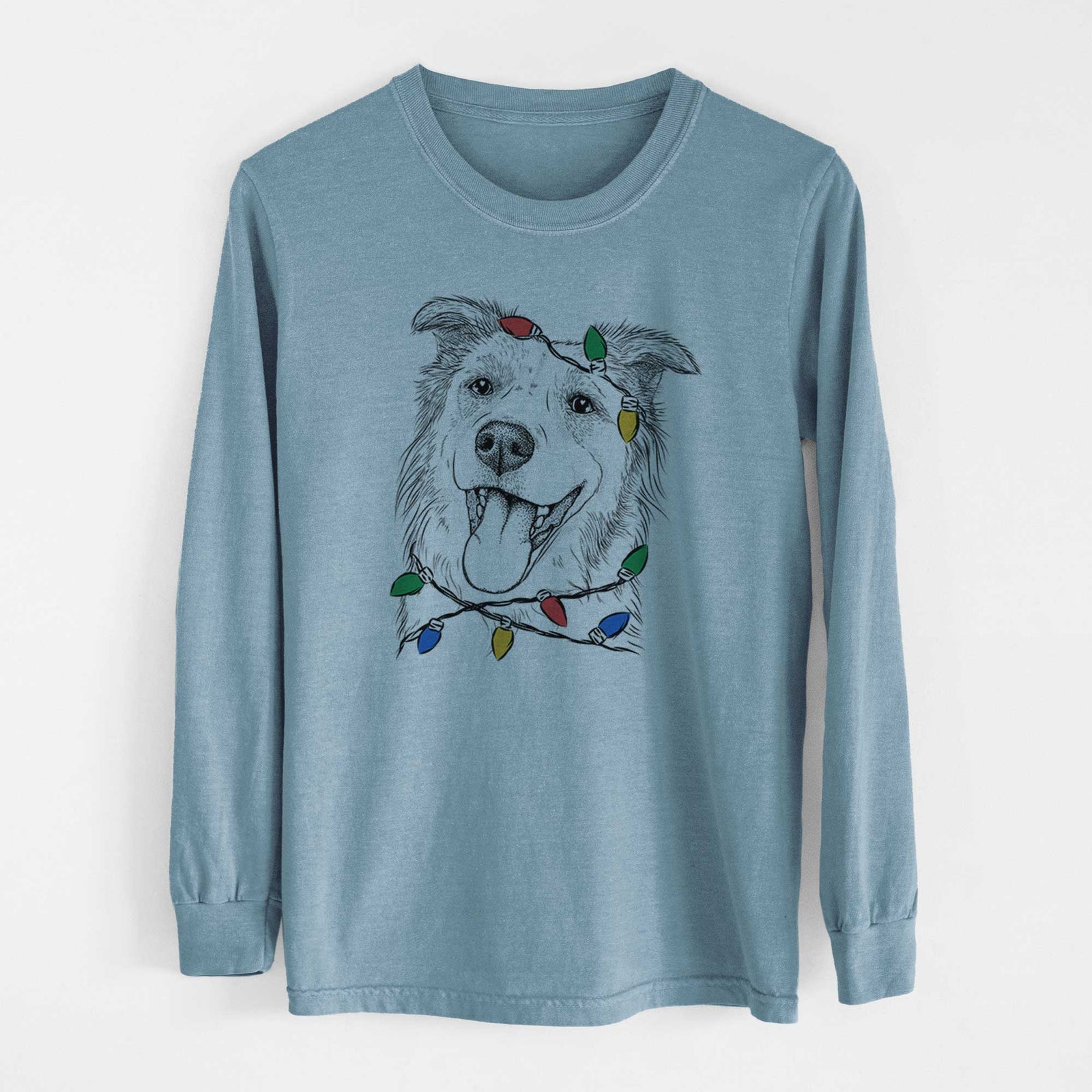 Christmas Lights Macaroni the Border Collie - Heavyweight 100% Cotton Long Sleeve