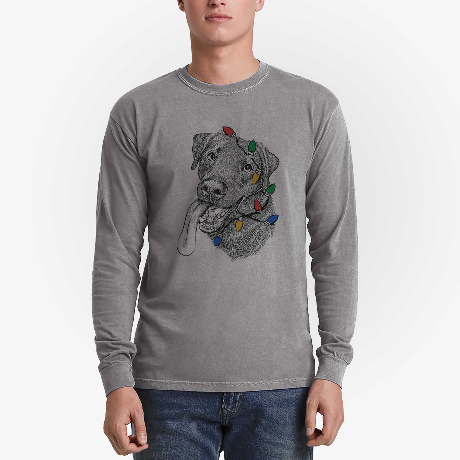 Christmas Lights Macaroni the Lab Mix - Heavyweight 100% Cotton Long Sleeve