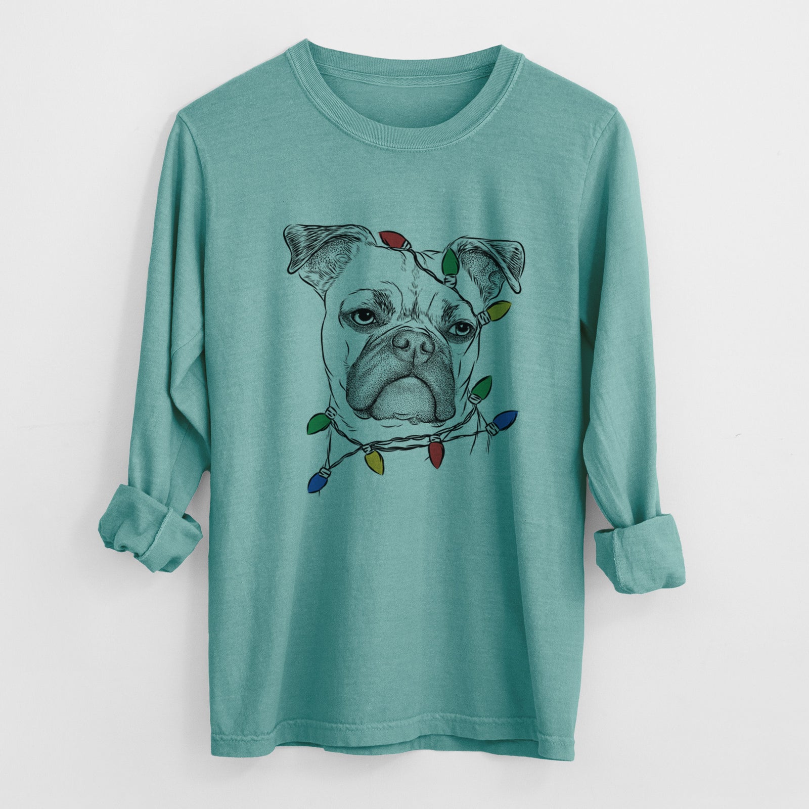 Christmas Lights Mack the Bugg (Boston Terrier/Pug) - Heavyweight 100% Cotton Long Sleeve