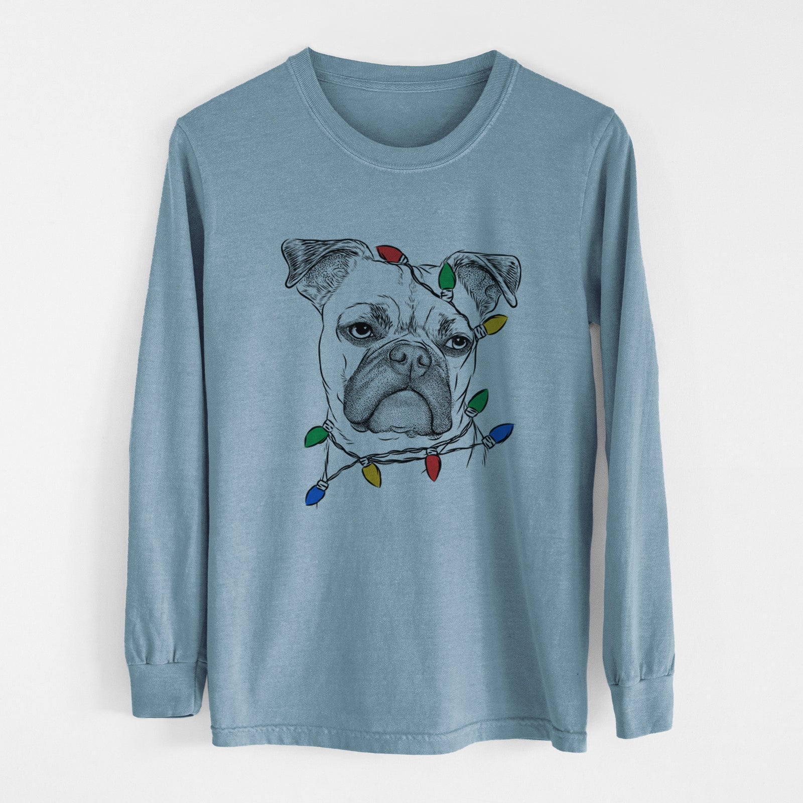 Christmas Lights Mack the Bugg (Boston Terrier/Pug) - Heavyweight 100% Cotton Long Sleeve