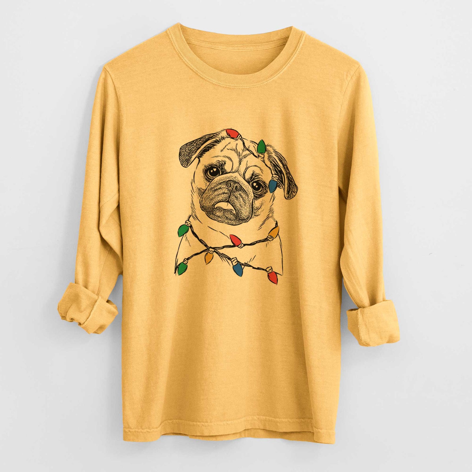 Christmas Lights Macy the Pug - Heavyweight 100% Cotton Long Sleeve