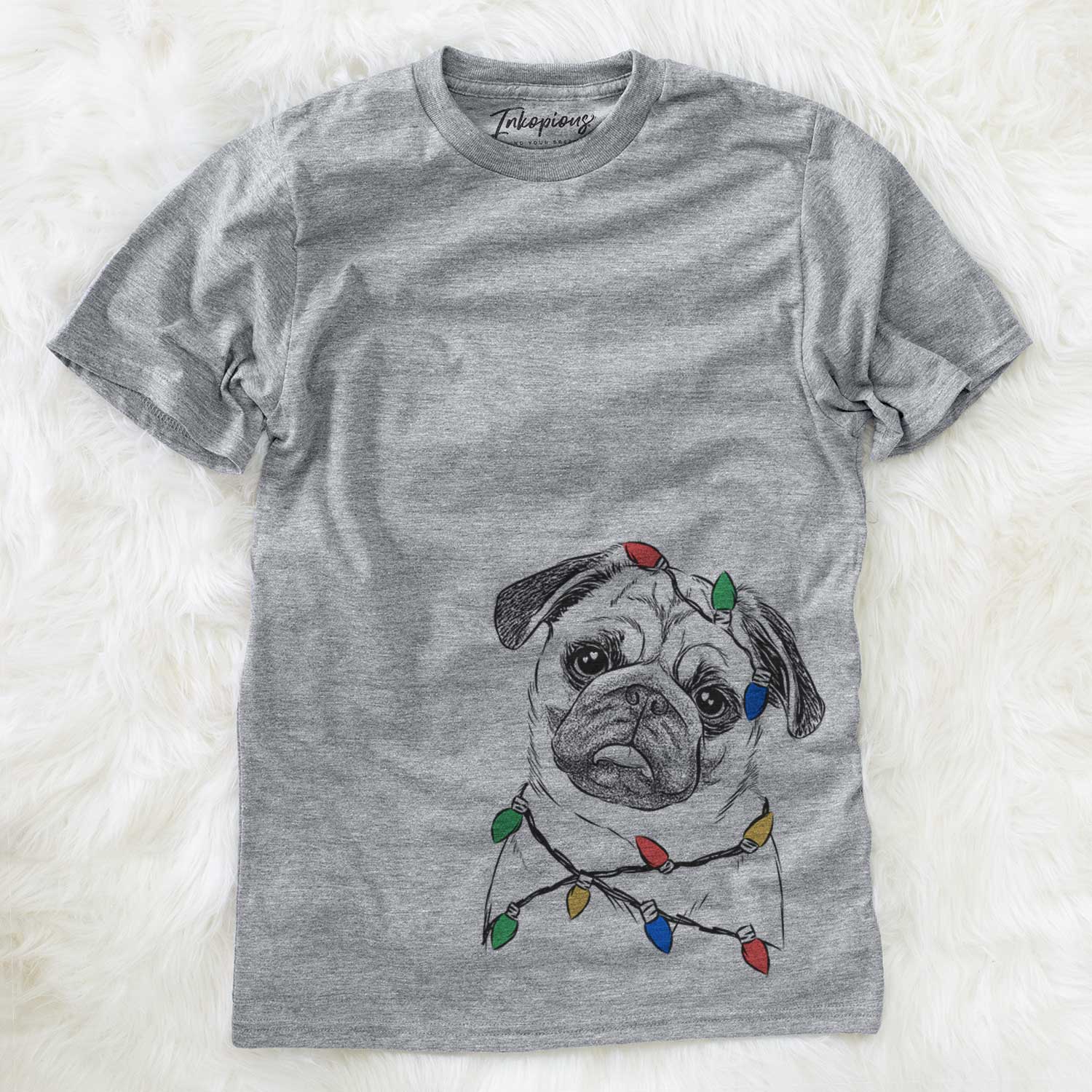 Hand-drawn sketch of Macy the Pug wrapped in Christmas lights on a Grey Unisex crewneck