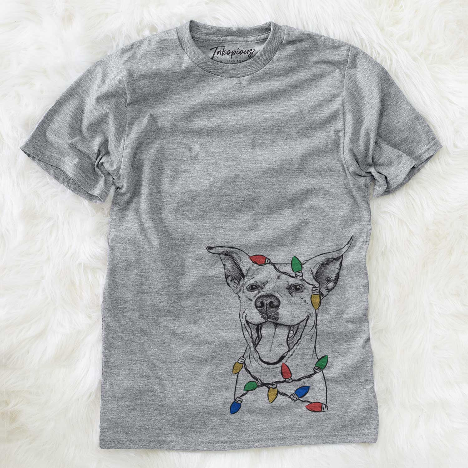 Hand-drawn sketch of Maddie the Dalmatian Pitbull Mix wrapped in Christmas lights on a Grey Unisex crewneck