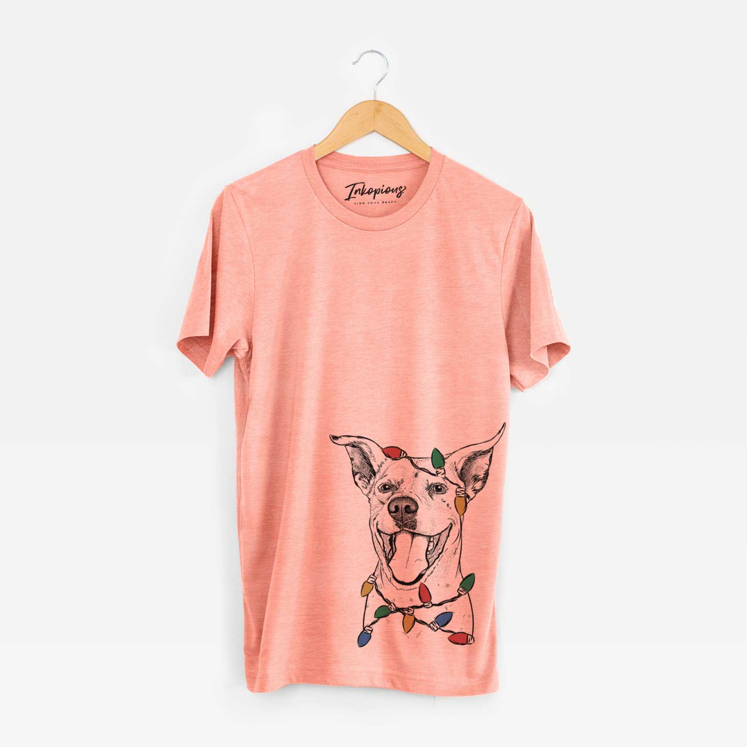 Hand-drawn sketch of Maddie the Dalmatian Pitbull Mix wrapped in Christmas lights on a Sunset Unisex crewneck