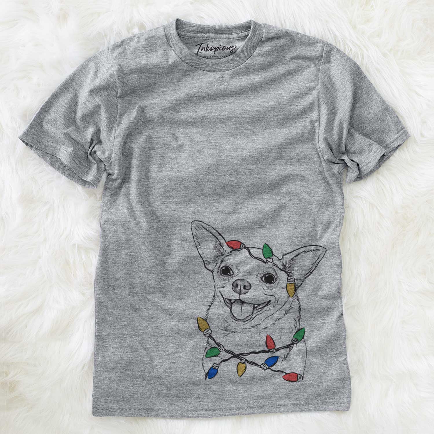 Hand-drawn sketch of Maddison Pearl the Chihuahua wrapped in Christmas lights on a Grey Unisex crewneck