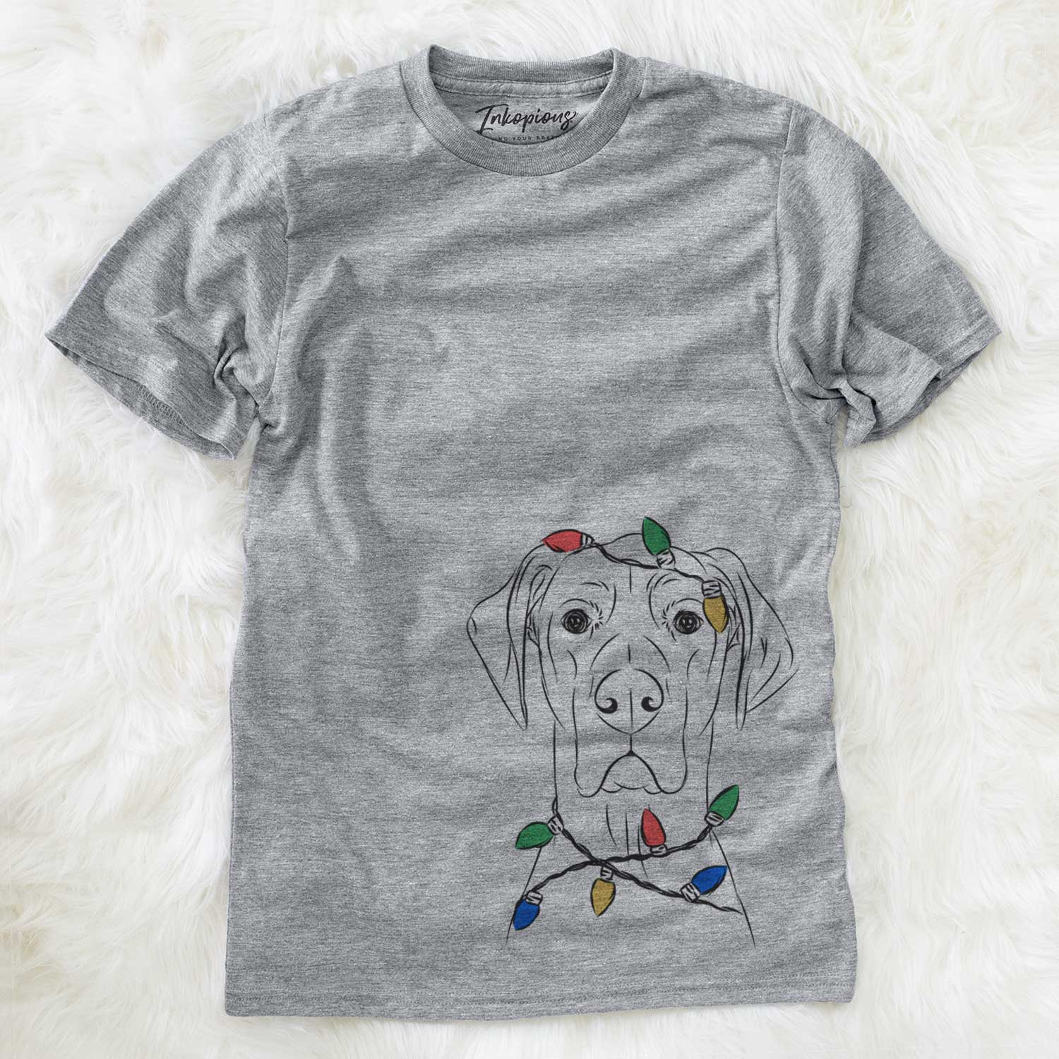 Hand-drawn sketch of Maddox the Great Dane wrapped in Christmas lights on a Grey Unisex crewneck