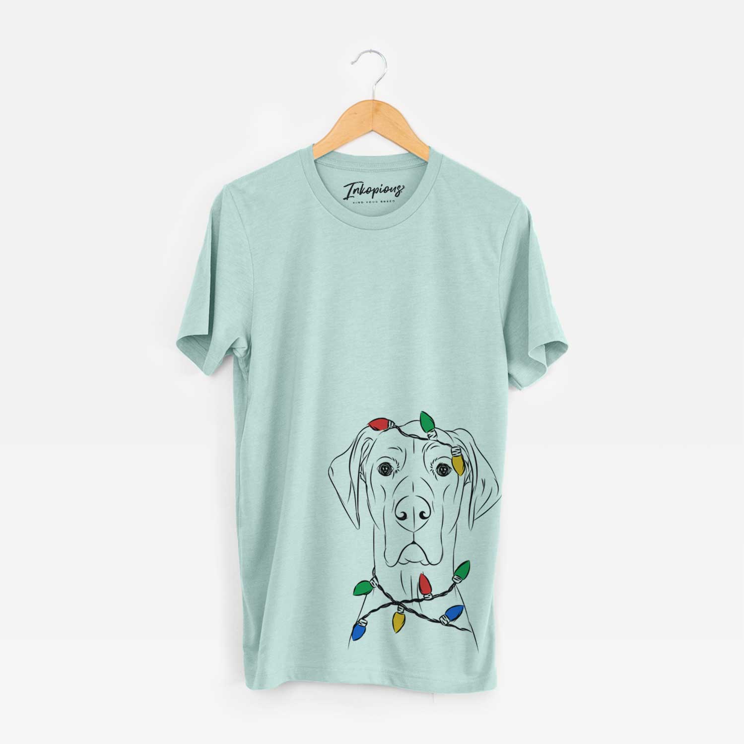 Hand-drawn sketch of Maddox the Great Dane wrapped in Christmas lights on a Heather Sage Unisex crewneck