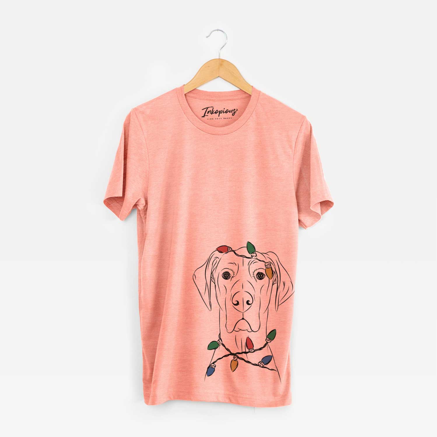 Hand-drawn sketch of Maddox the Great Dane wrapped in Christmas lights on a Sunset Unisex crewneck