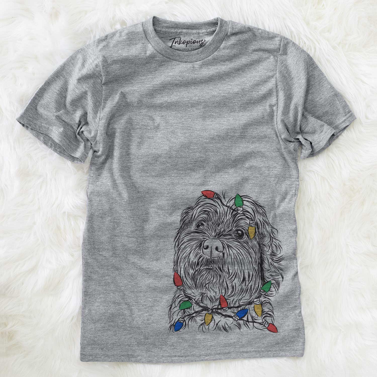 Hand-drawn sketch of Maggie Girl the Cockapoo wrapped in Christmas lights on a Grey Unisex crewneck