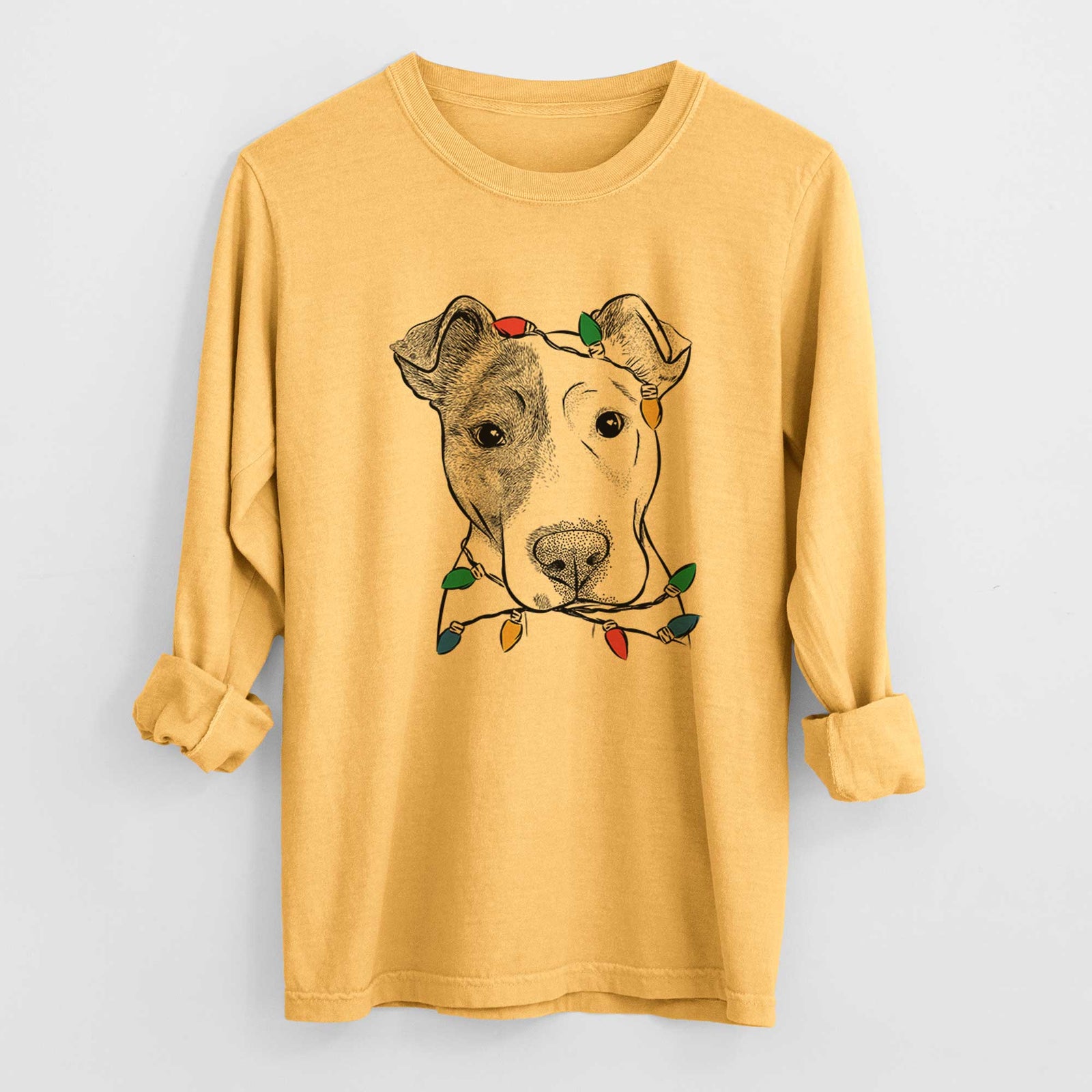 Christmas Lights Manchi the Pitbull Mix - Heavyweight 100% Cotton Long Sleeve