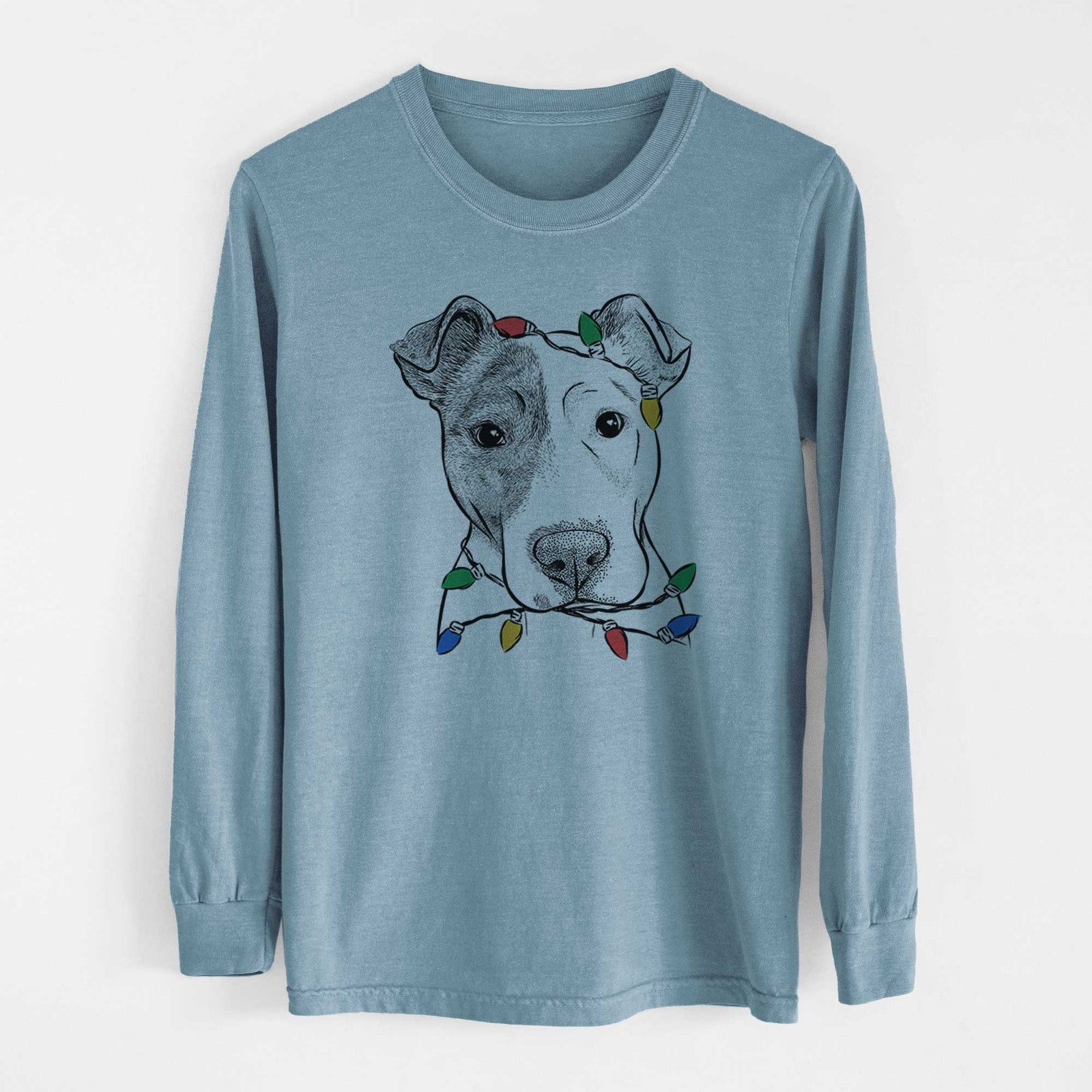 Christmas Lights Manchi the Pitbull Mix - Heavyweight 100% Cotton Long Sleeve