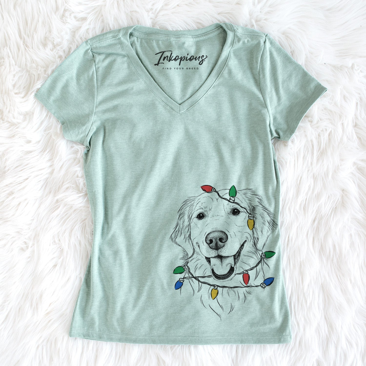 Christmas Lights Maple the Golden Retriever - Women's Perfect V-neck Shirt