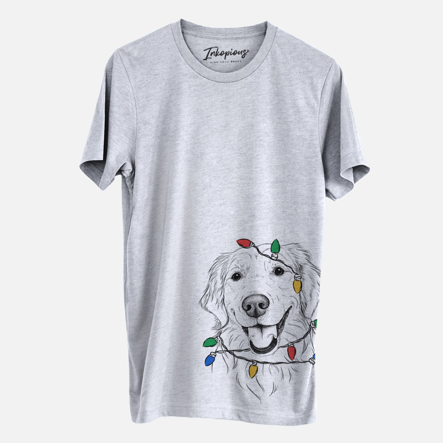 Hand-drawn sketch of Maple the Golden Retriever wrapped in Christmas lights on a Grey Unisex crewneck