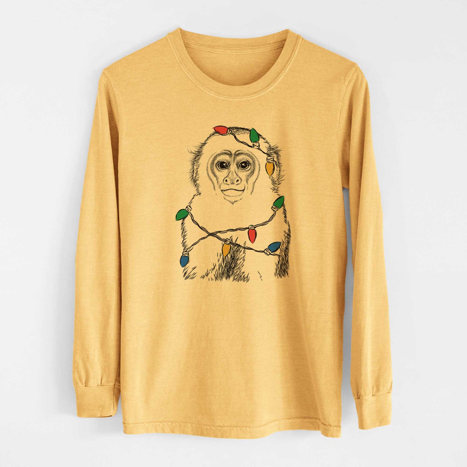Christmas Lights Marcel the Capuchin Monkey - Heavyweight 100% Cotton Long Sleeve