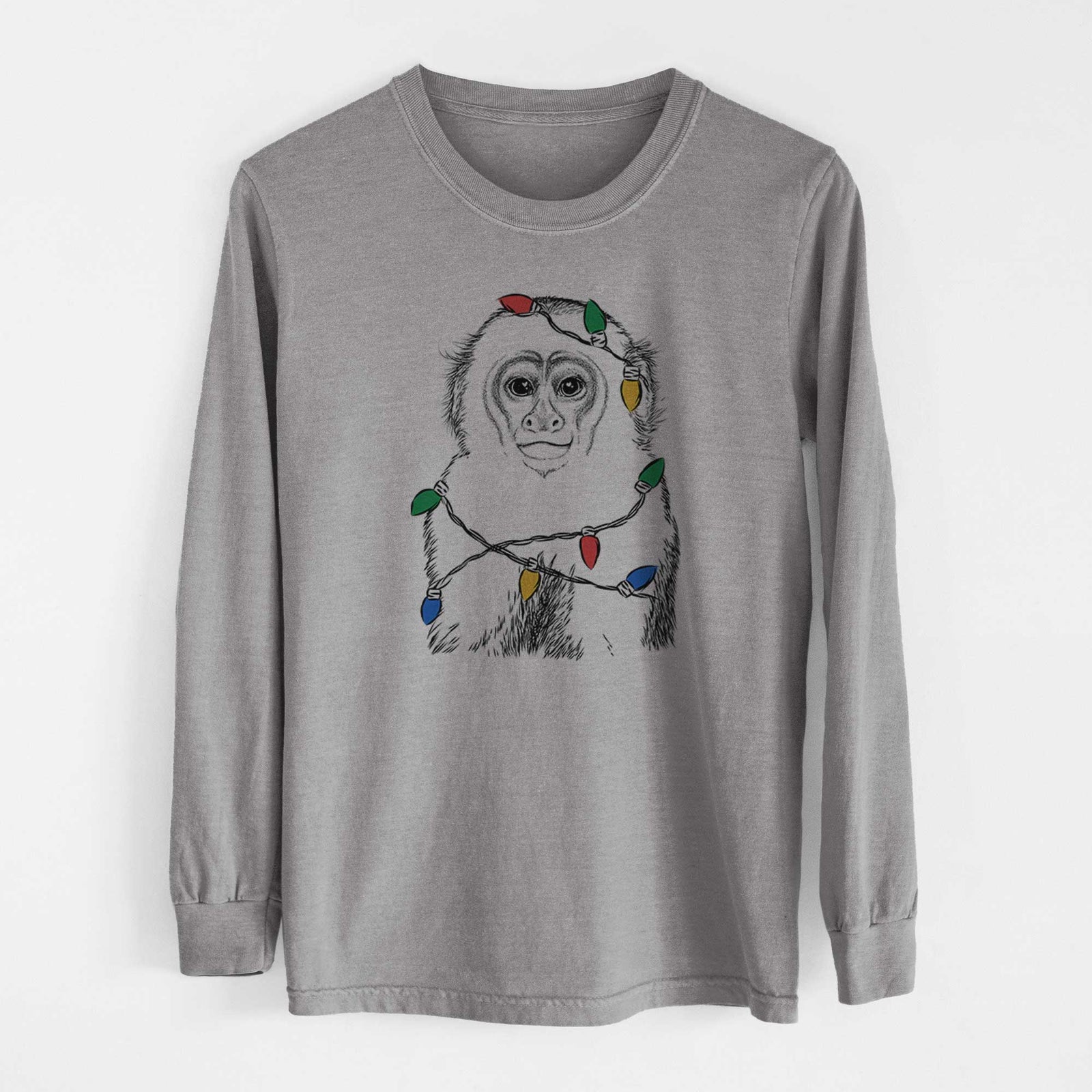 Christmas Lights Marcel the Capuchin Monkey - Heavyweight 100% Cotton Long Sleeve