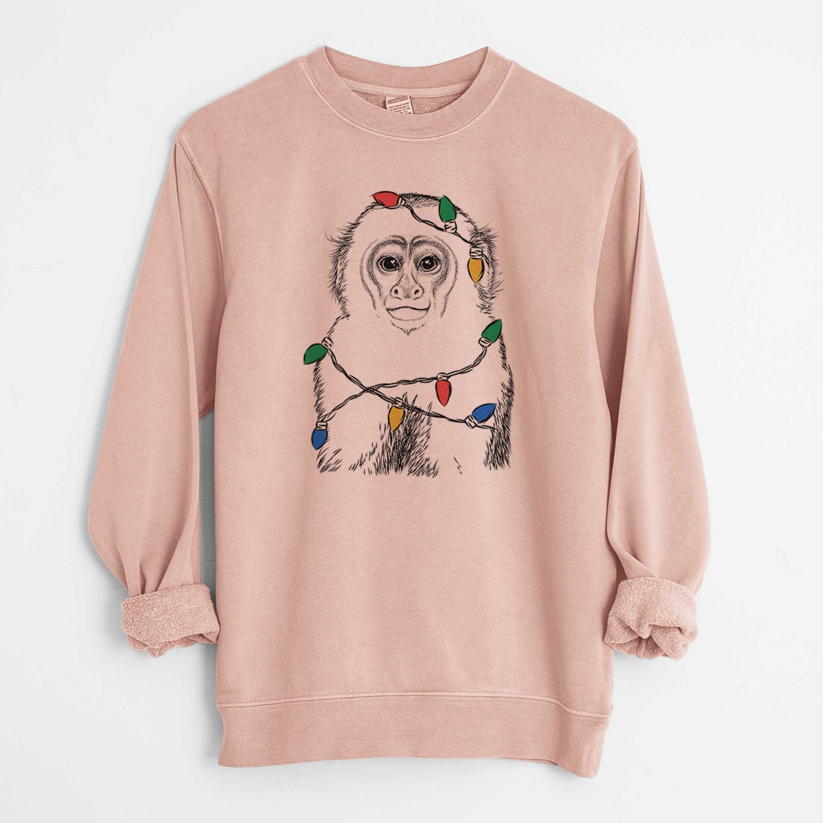 Christmas Lights Marcel the Capuchin Monkey - Unisex Pigment Dyed Crew Sweatshirt