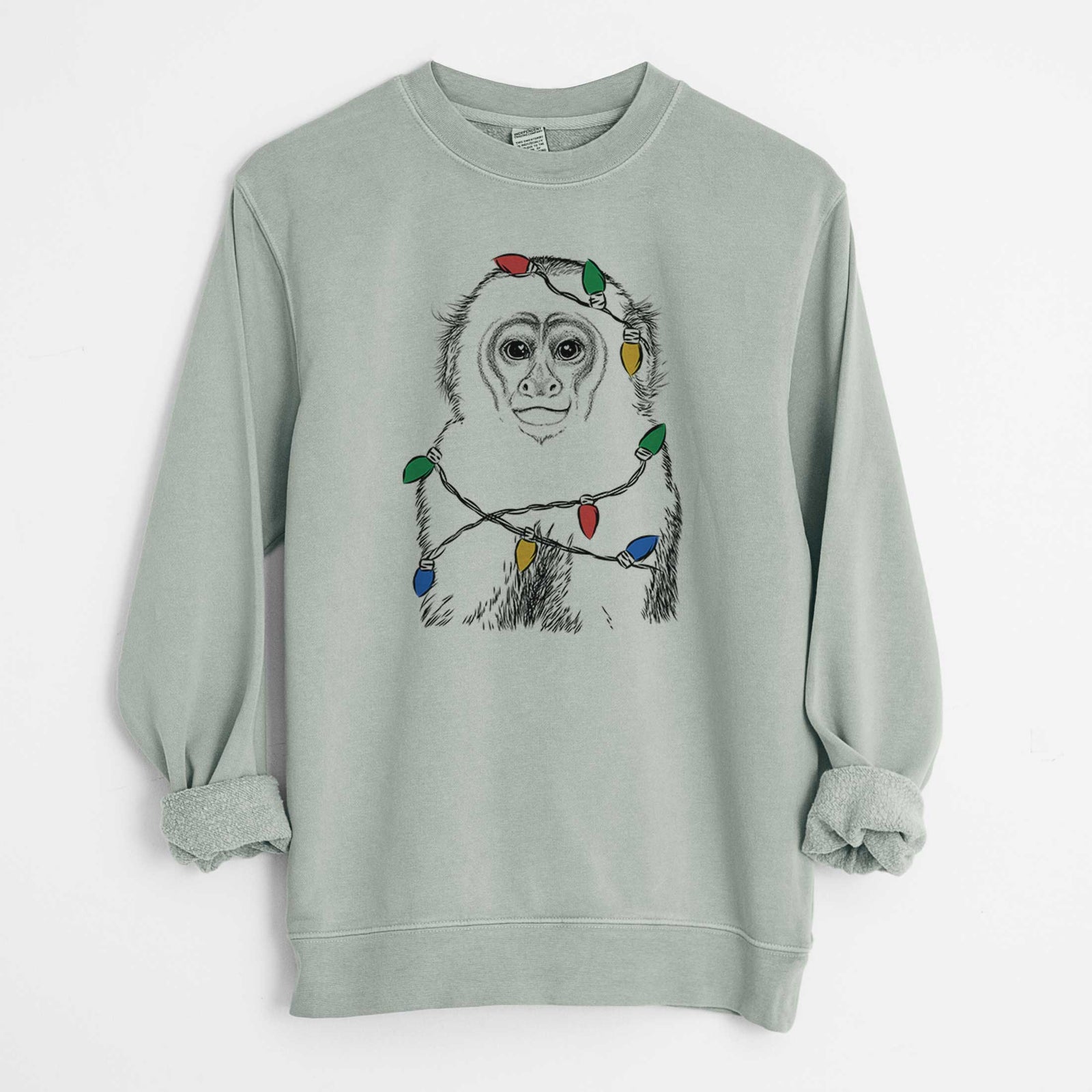 Christmas Lights Marcel the Capuchin Monkey - Unisex Pigment Dyed Crew Sweatshirt