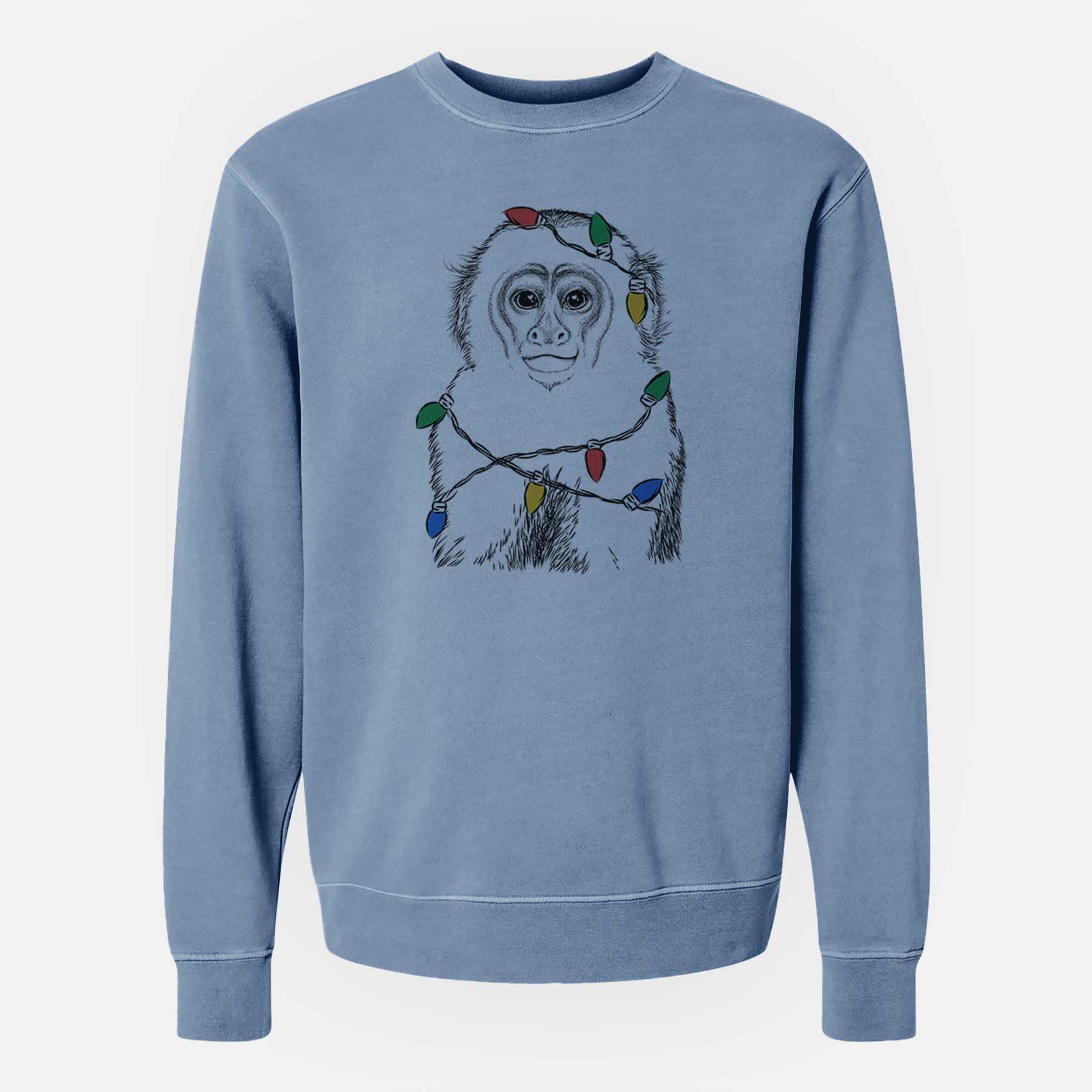 Christmas Lights Marcel the Capuchin Monkey - Unisex Pigment Dyed Crew Sweatshirt