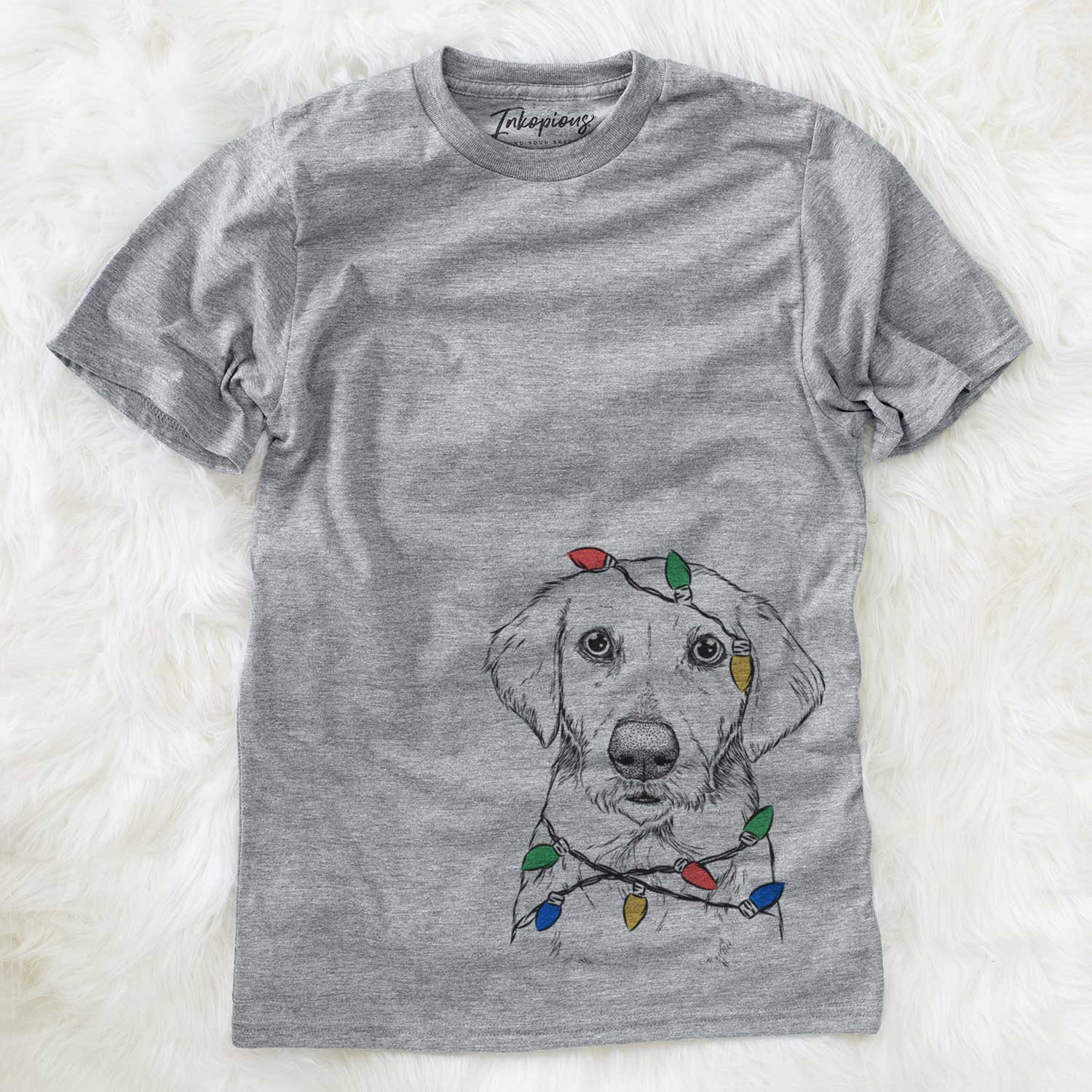 Hand-drawn sketch of Marley Sue the Labradoodle wrapped in Christmas lights on a Grey Unisex crewneck
