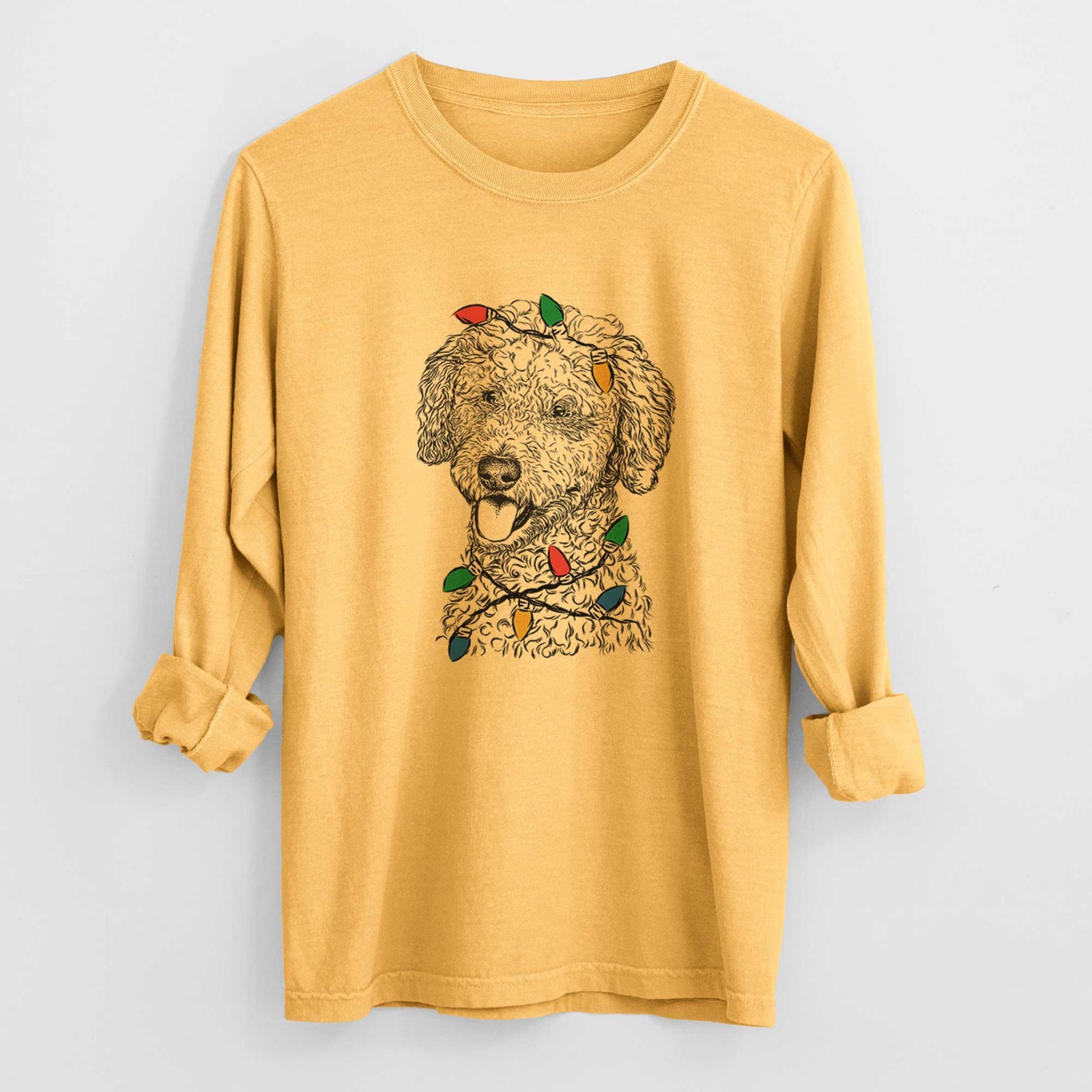Christmas Lights Marlow the Goldendoodle - Heavyweight 100% Cotton Long Sleeve
