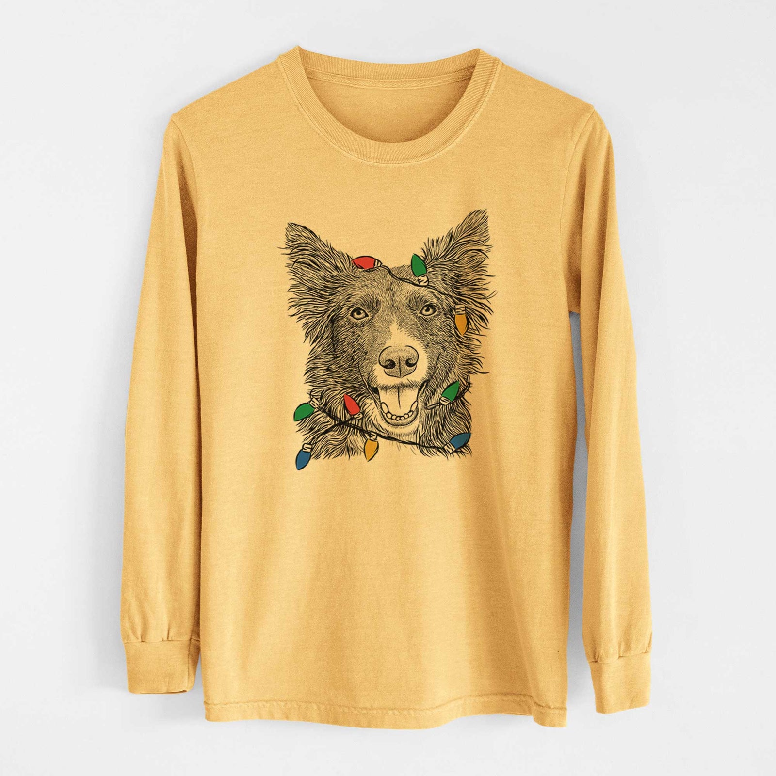 Christmas Lights Marti the Border Collie - Heavyweight 100% Cotton Long Sleeve