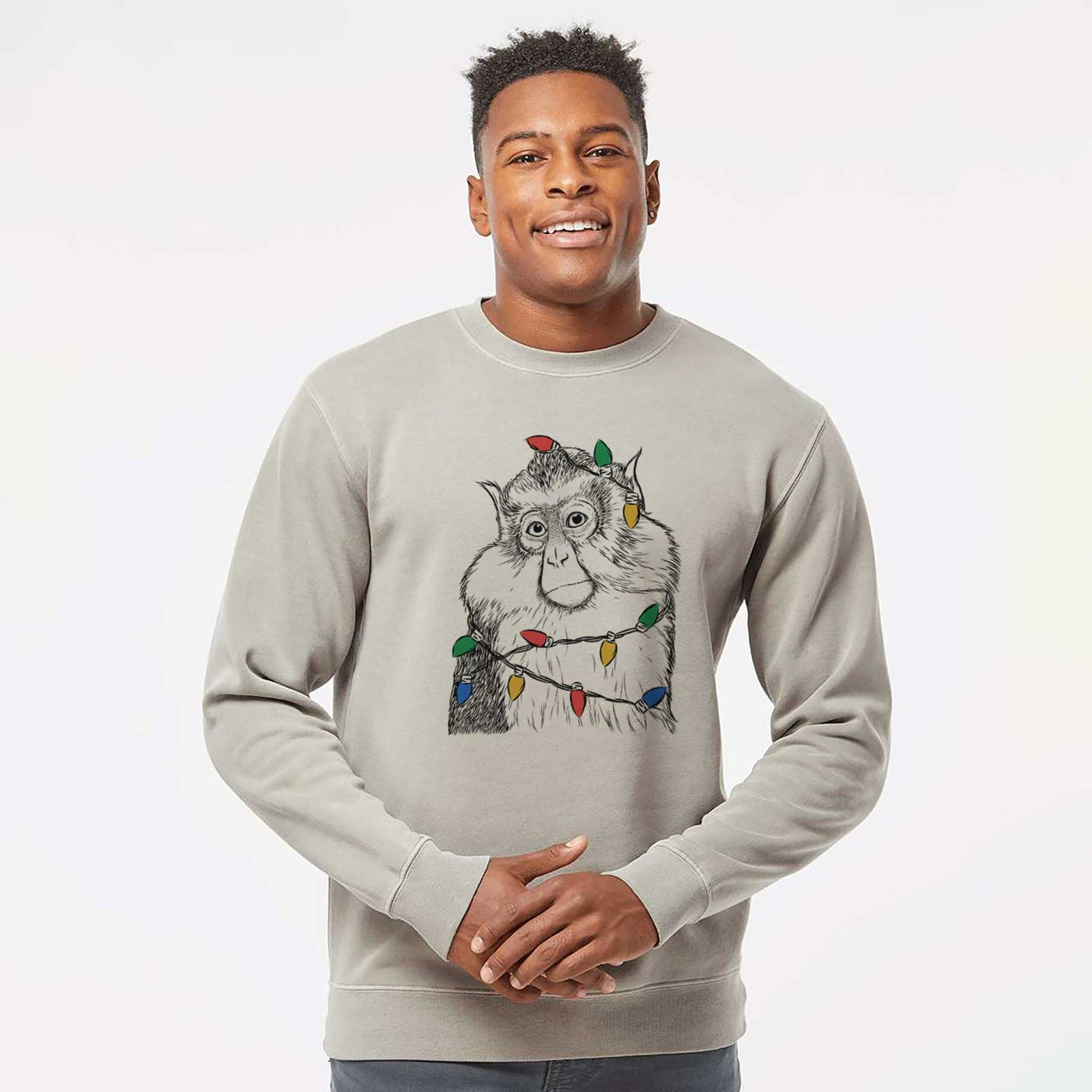 Christmas Lights Matata the Mona Monkey - Unisex Pigment Dyed Crew Sweatshirt