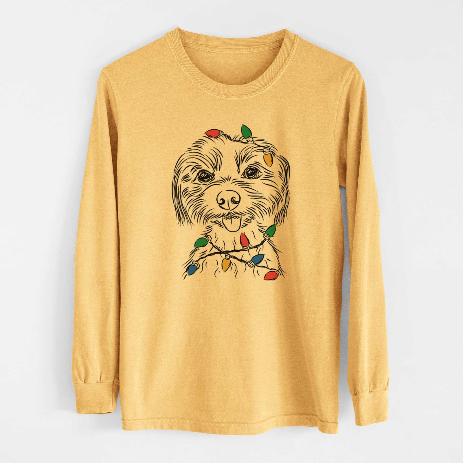 Christmas Lights Mater the Yorkshire Terrier - Heavyweight 100% Cotton Long Sleeve