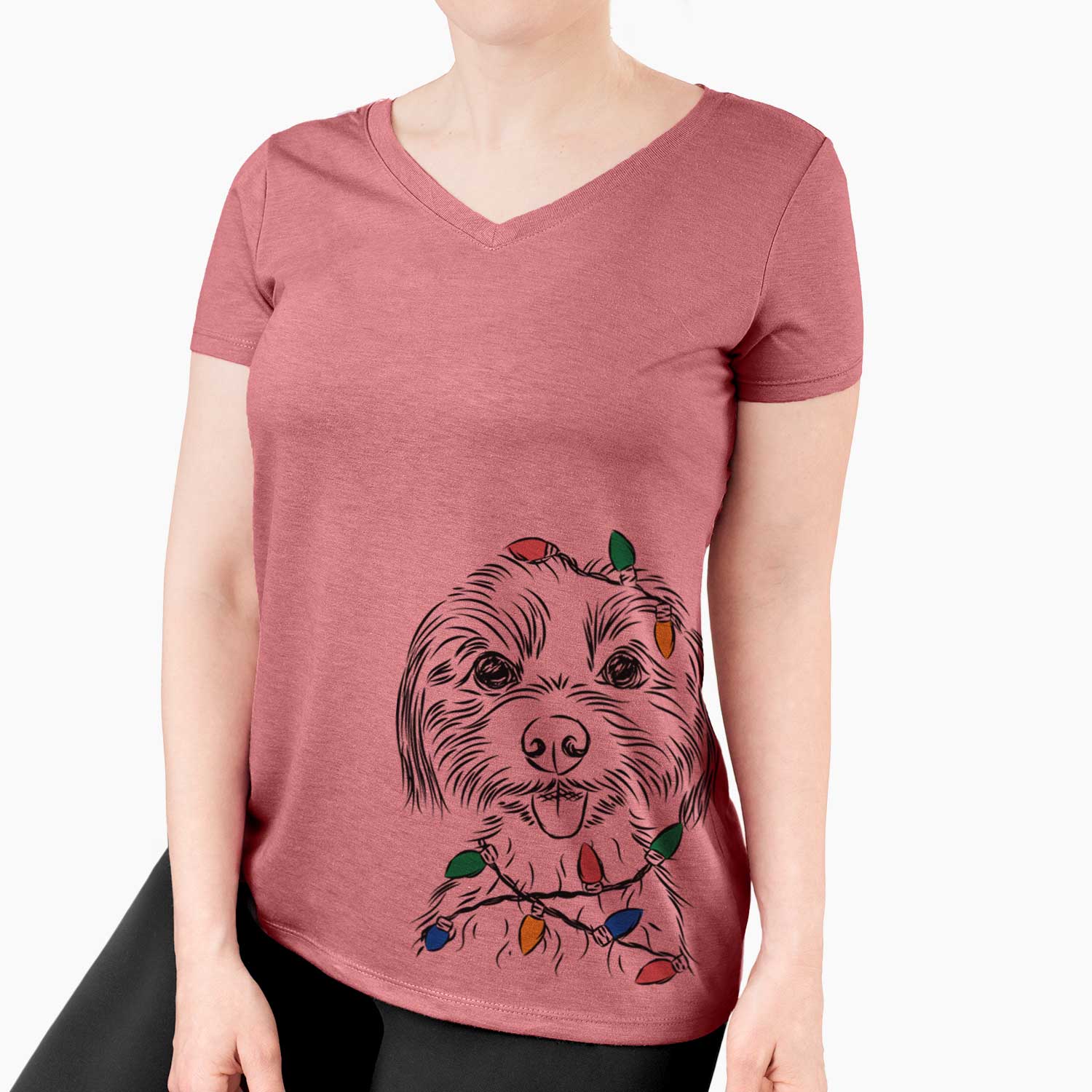 Christmas Lights Mater the Yorkshire Terrier - Women's V-neck Shirt