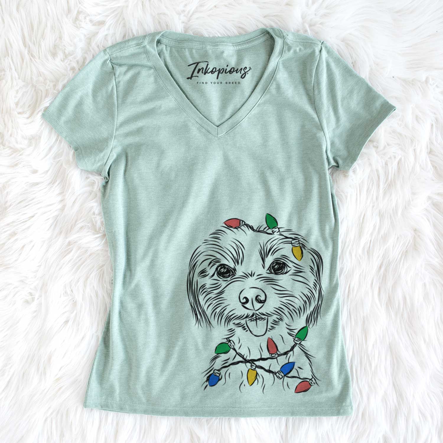Christmas Lights Mater the Yorkshire Terrier - Women's V-neck Shirt