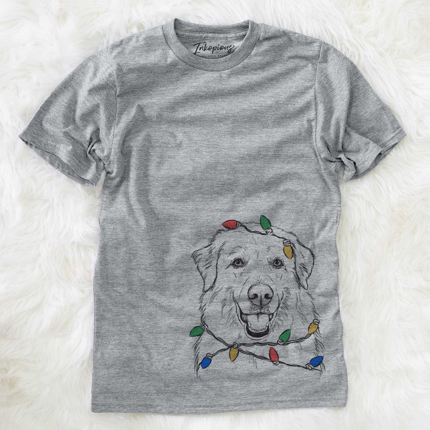 Hand-drawn sketch of Meg the Great Pyrenees wrapped in Christmas lights on a Grey Unisex crewneck