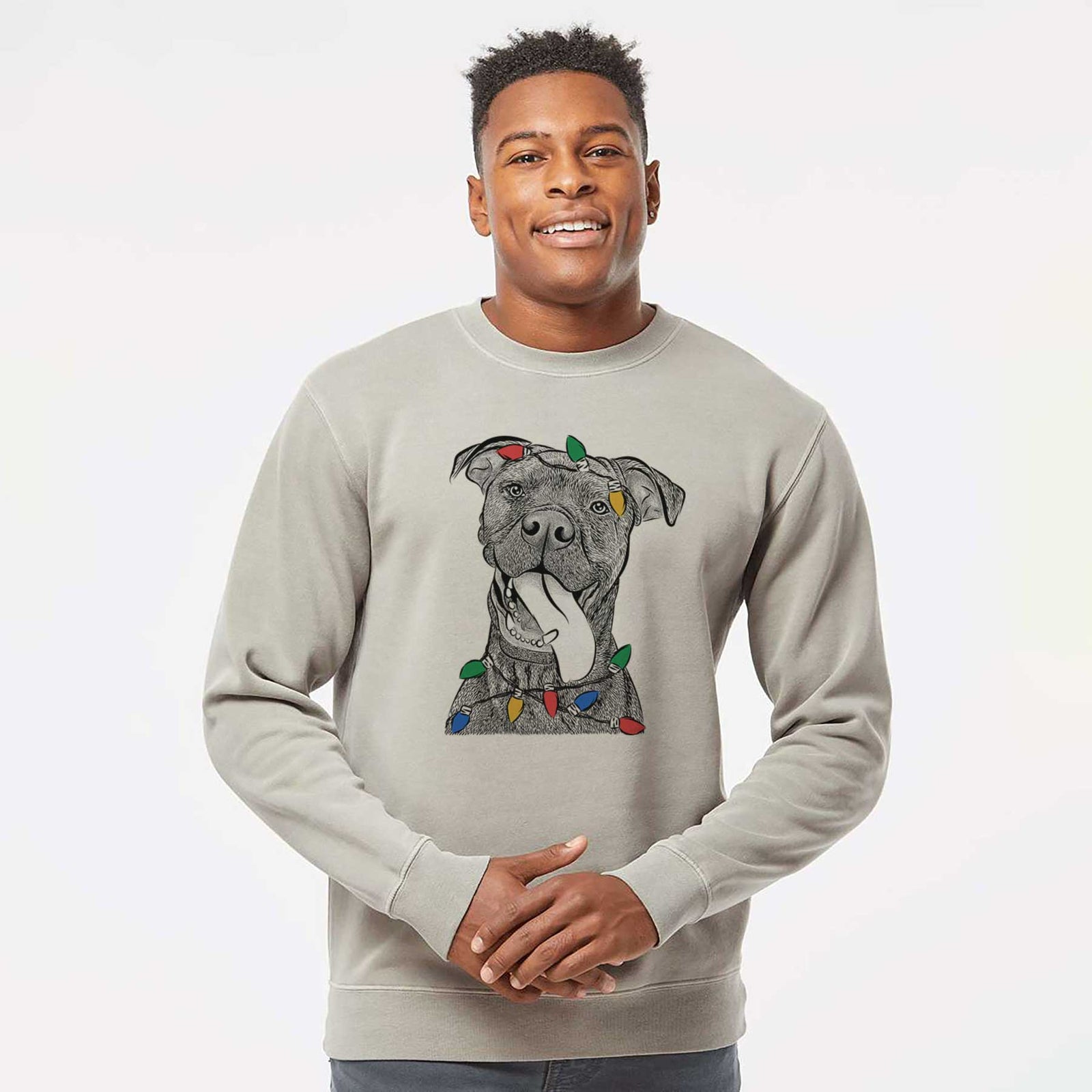 Christmas Lights Mikey the Boxador - Unisex Pigment Dyed Crew Sweatshirt