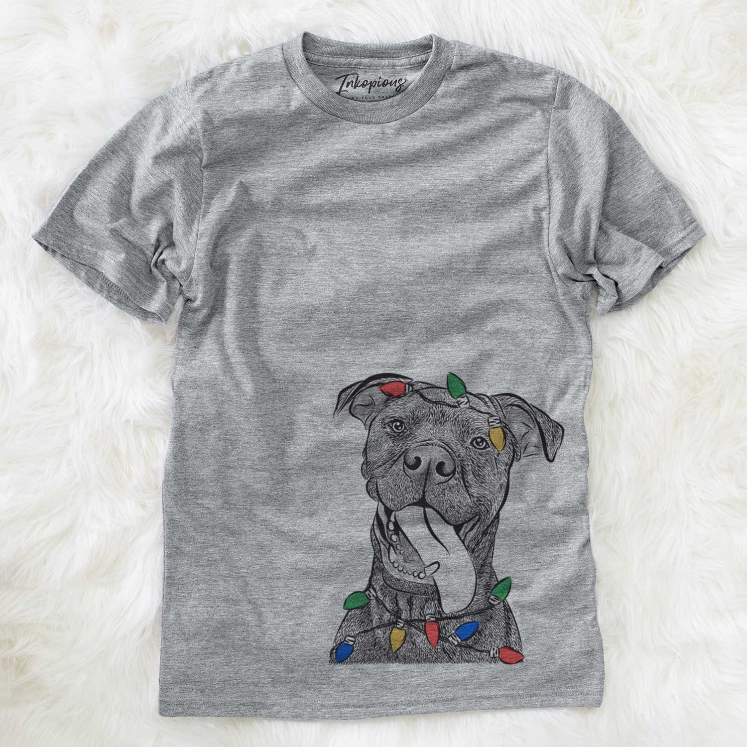 Hand-drawn sketch of Mikey the Boxador wrapped in Christmas lights on a Grey Unisex crewneck