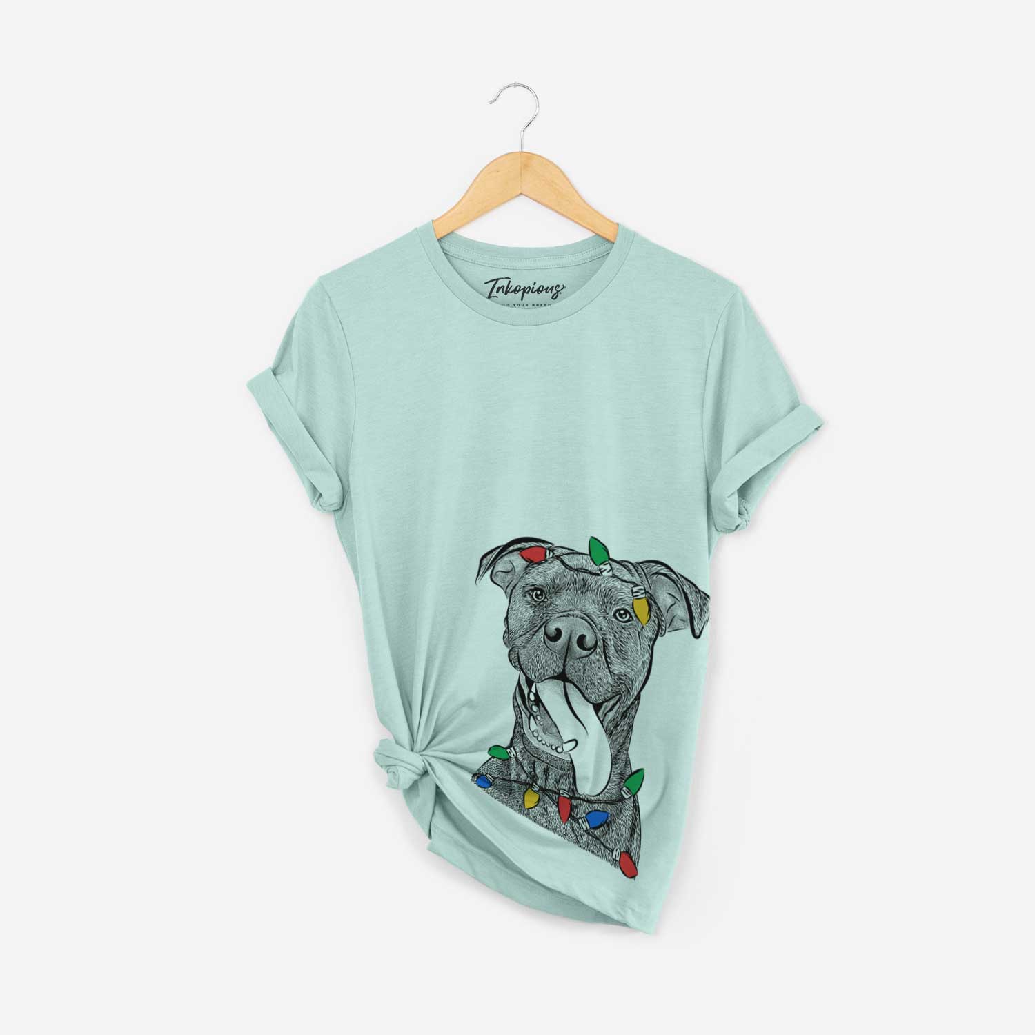 Hand-drawn sketch of Mikey the Boxador wrapped in Christmas lights on a Heather Sage Unisex crewneck